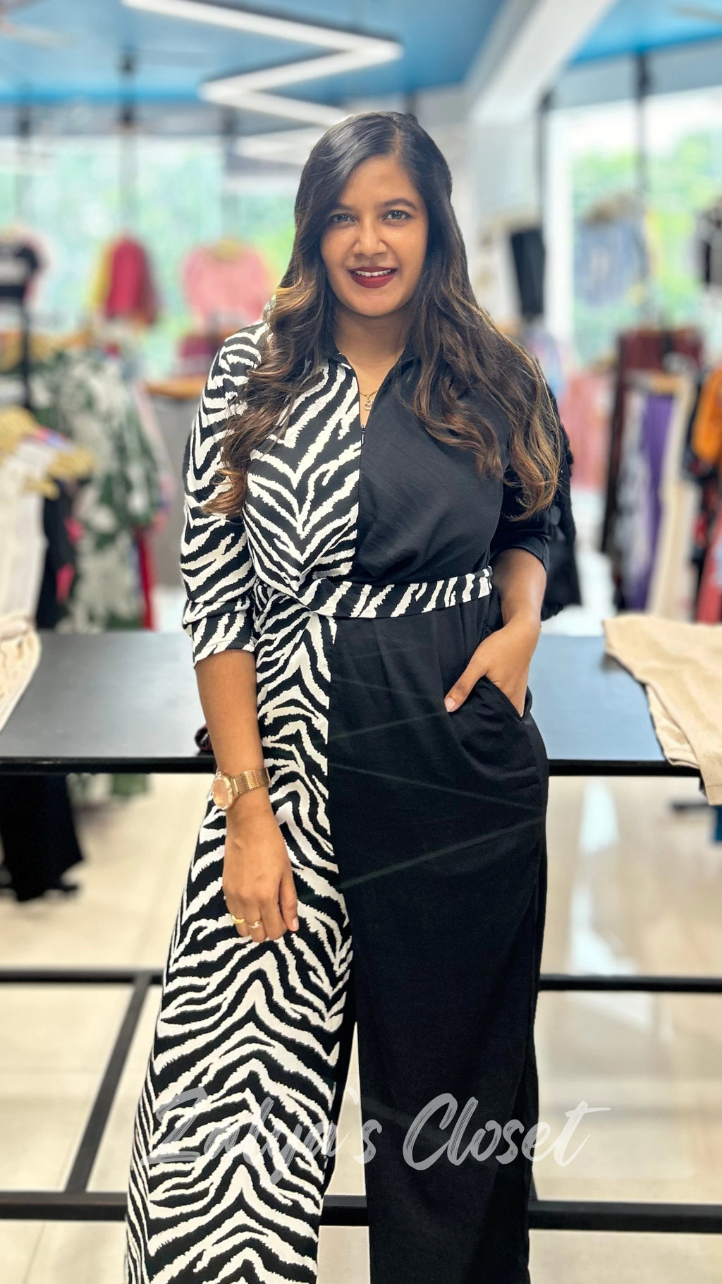 Half Printed And Half Plain Jumpsuit