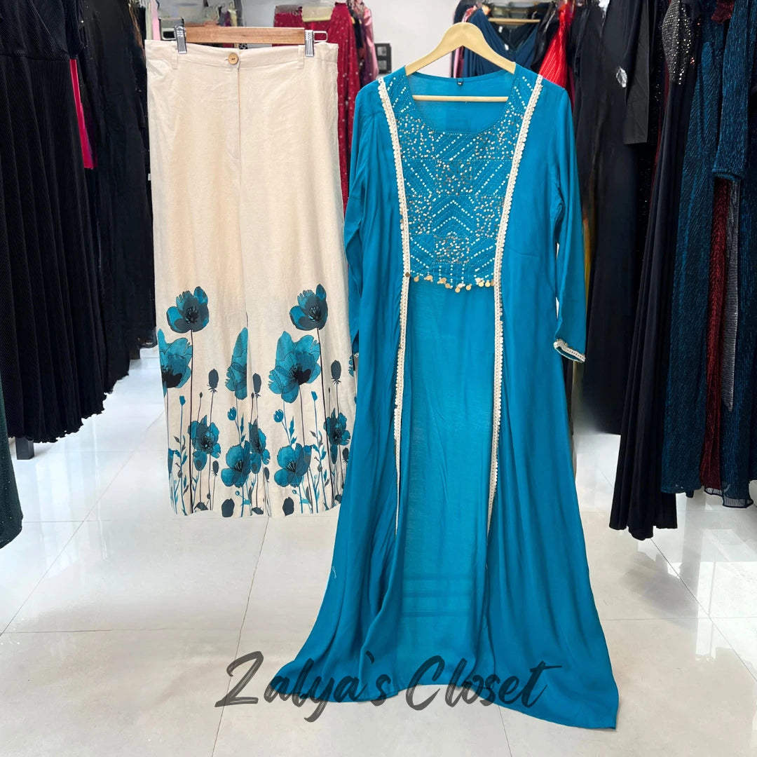 Indo-western 2 pcs Set with Center Slit and Printed Pant