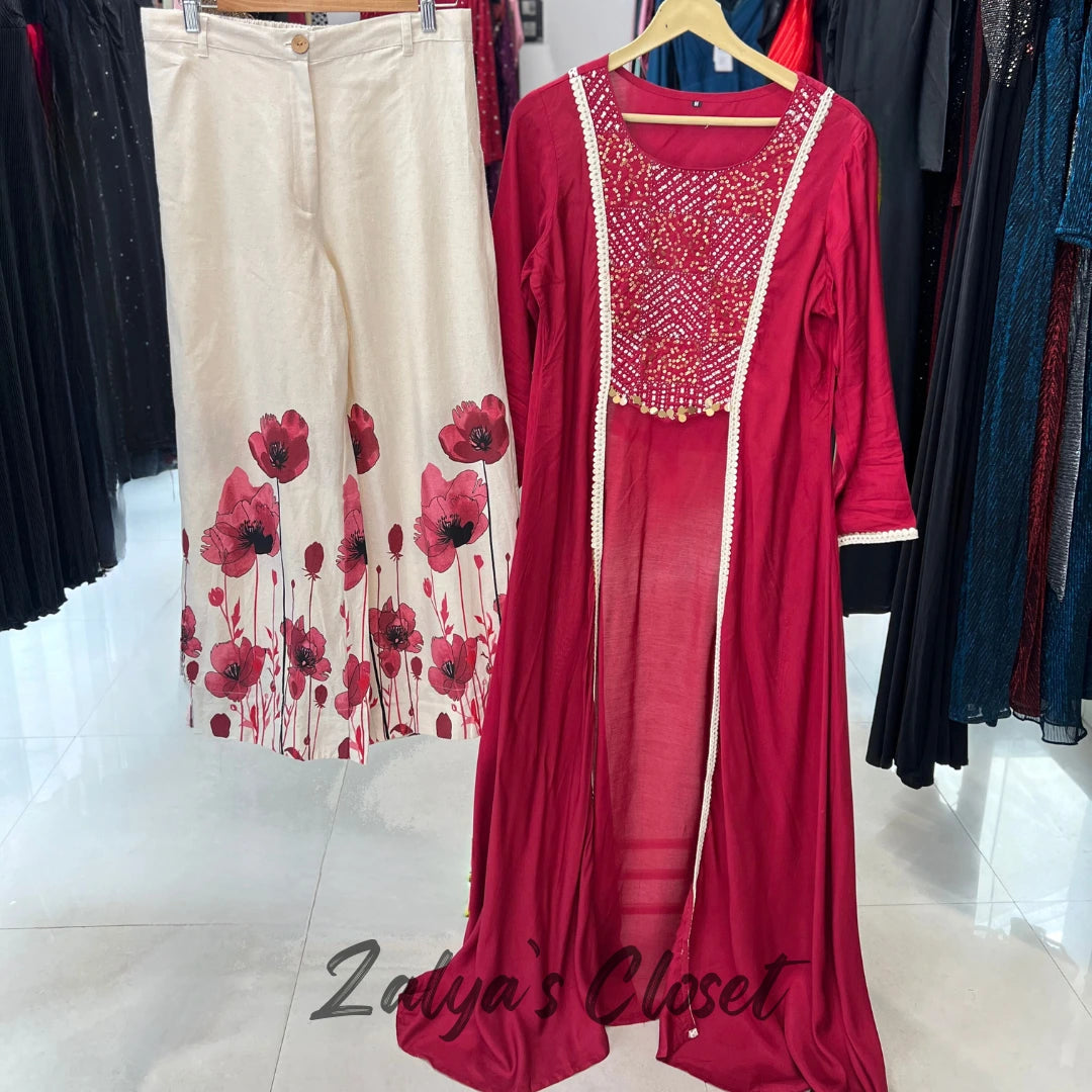 Indo-western 2 pcs Set with Center Slit and Printed Pant