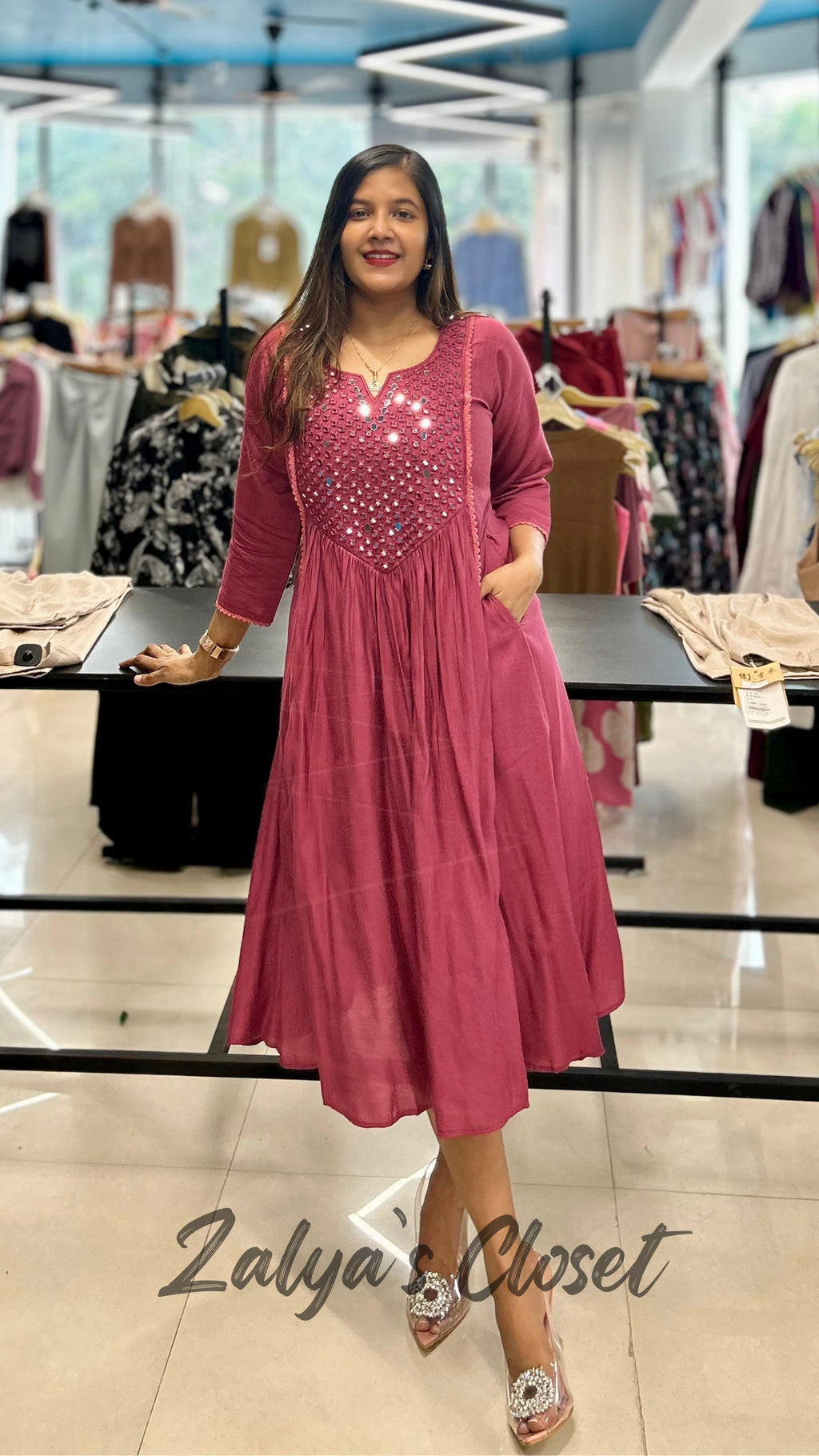 Mirror Work Dress Maroon