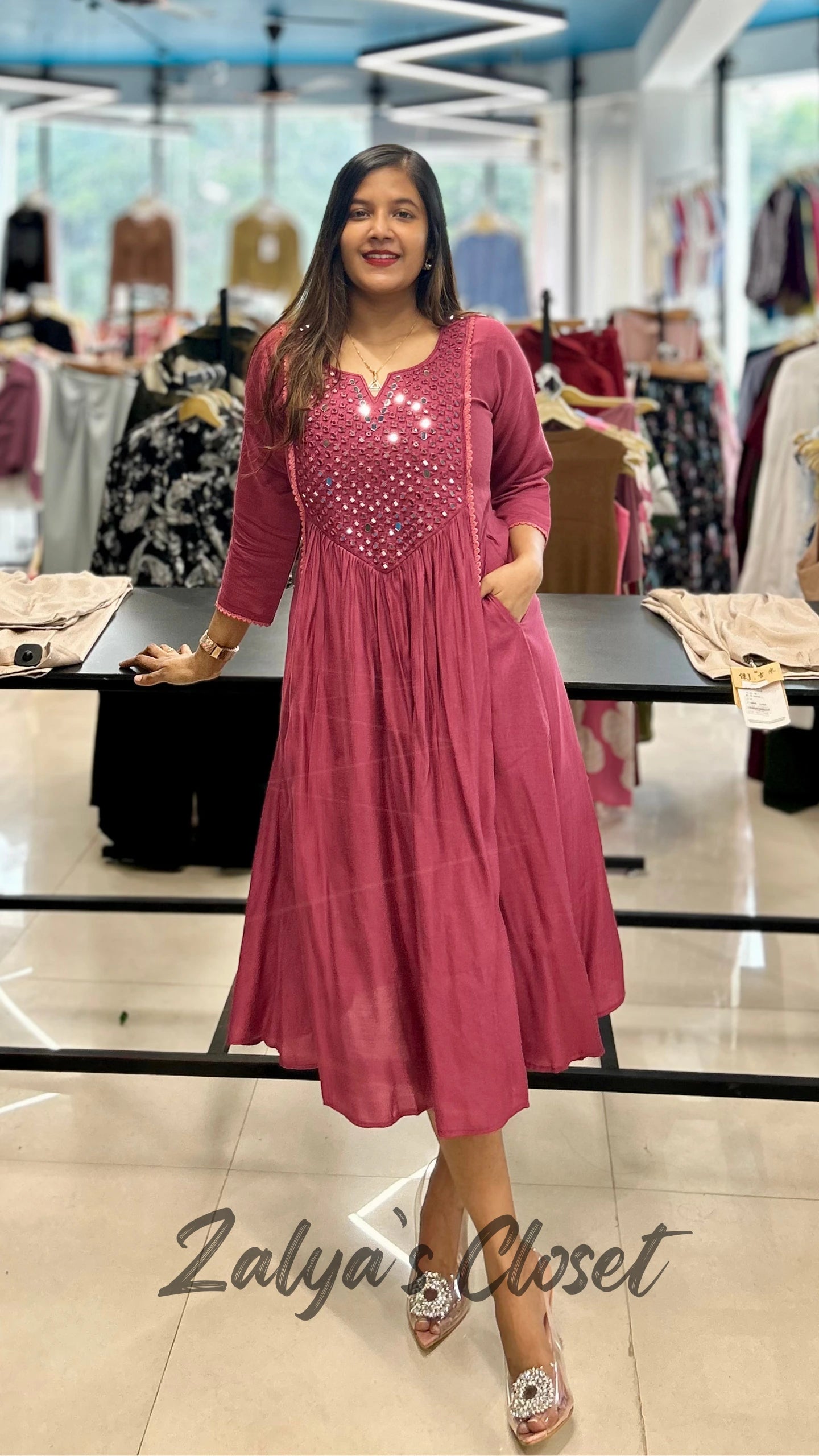 Mirror Work Dress Maroon