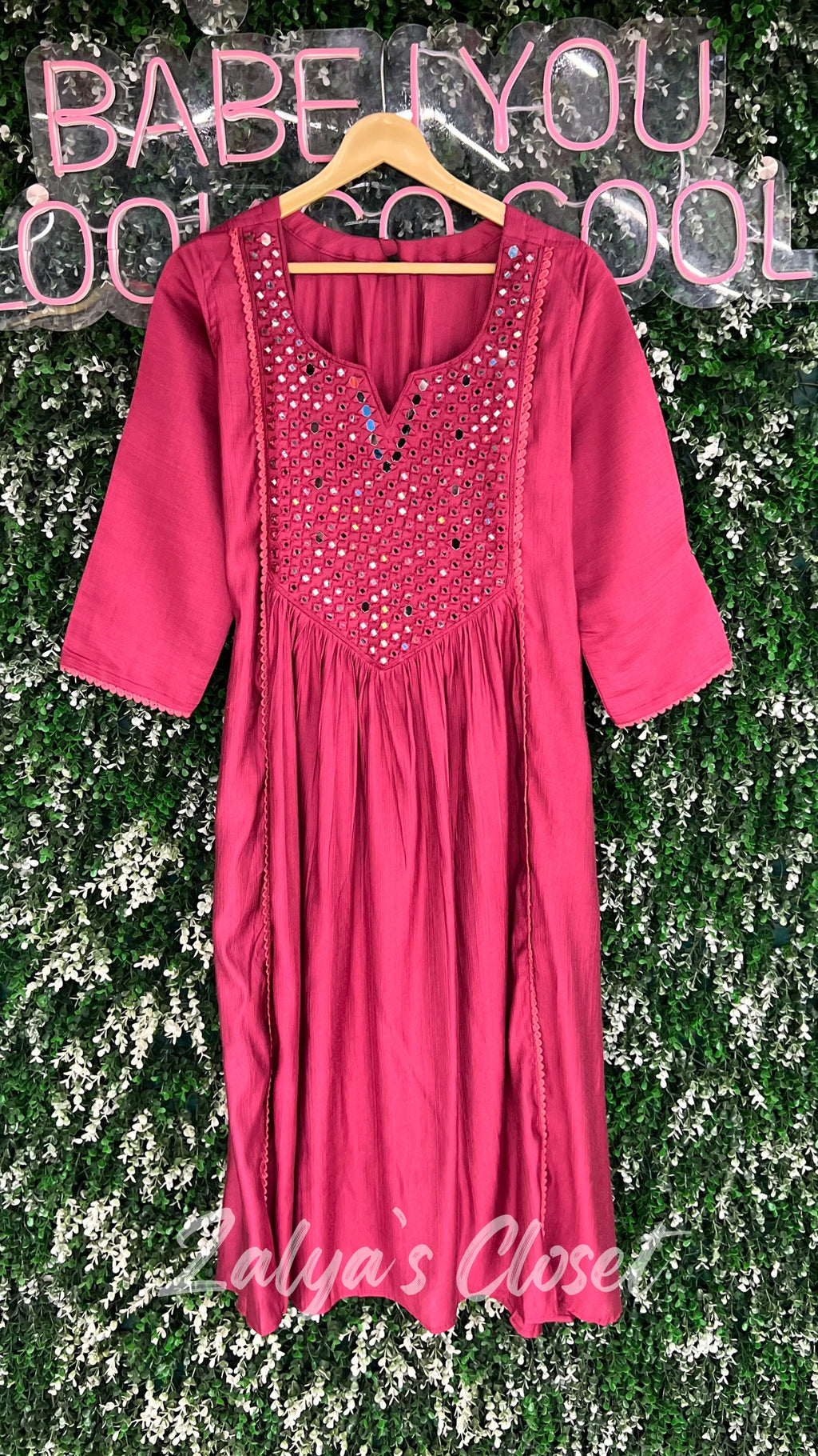 Mirror Work Dress Maroon