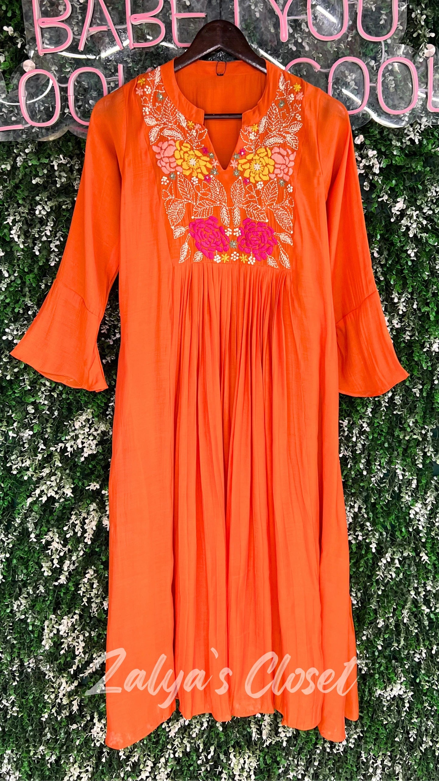 Mul Chanderi Embroidered Orange Dress
