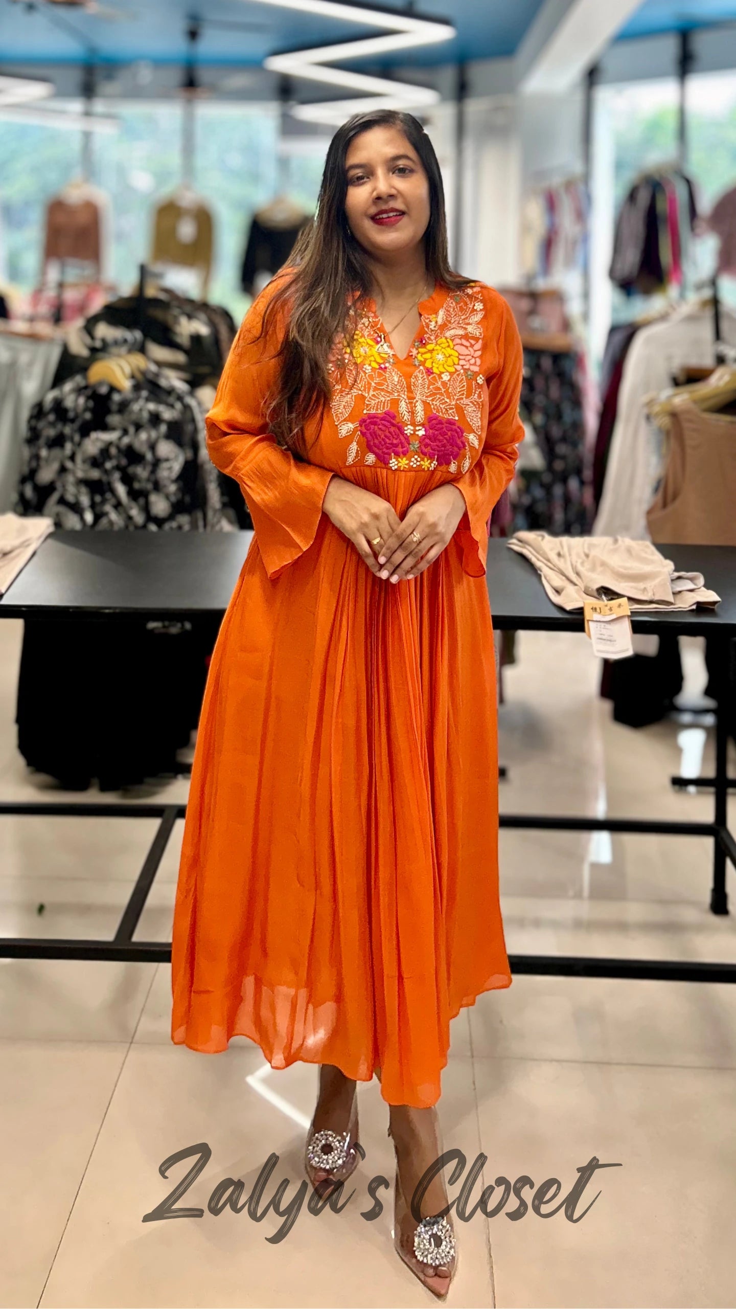 Mul Chanderi Embroidered Orange Dress