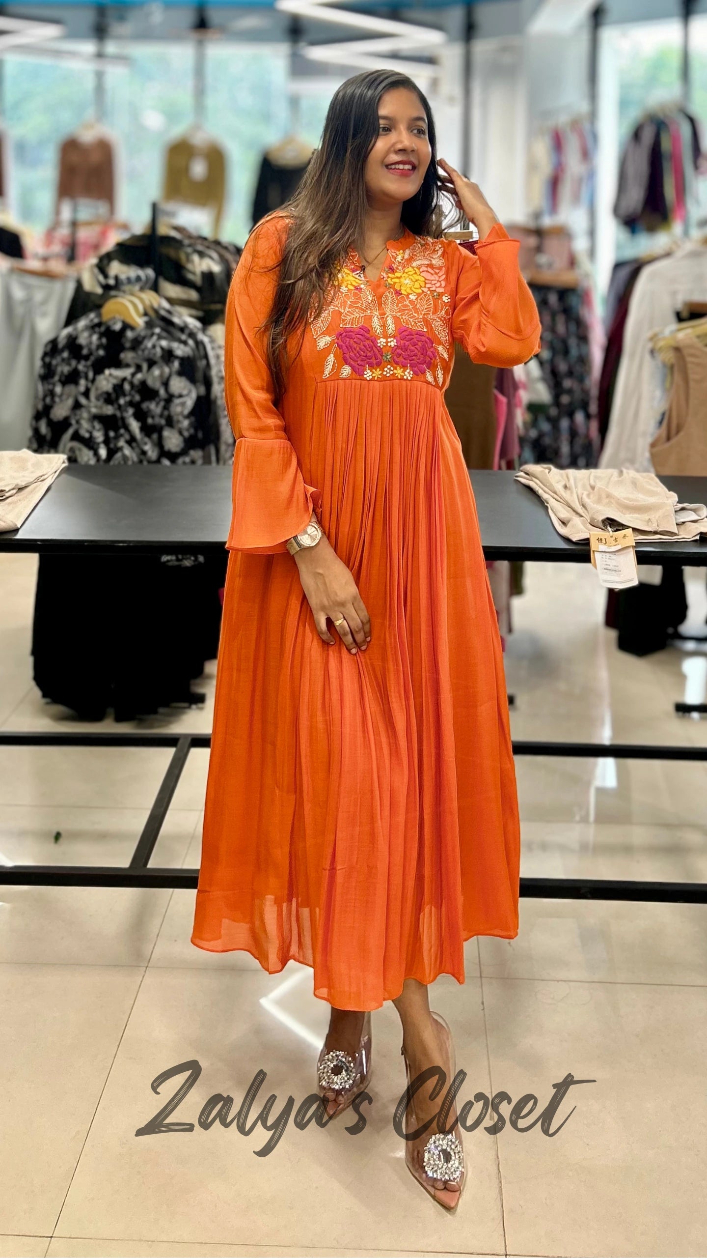 Mul Chanderi Embroidered Orange Dress
