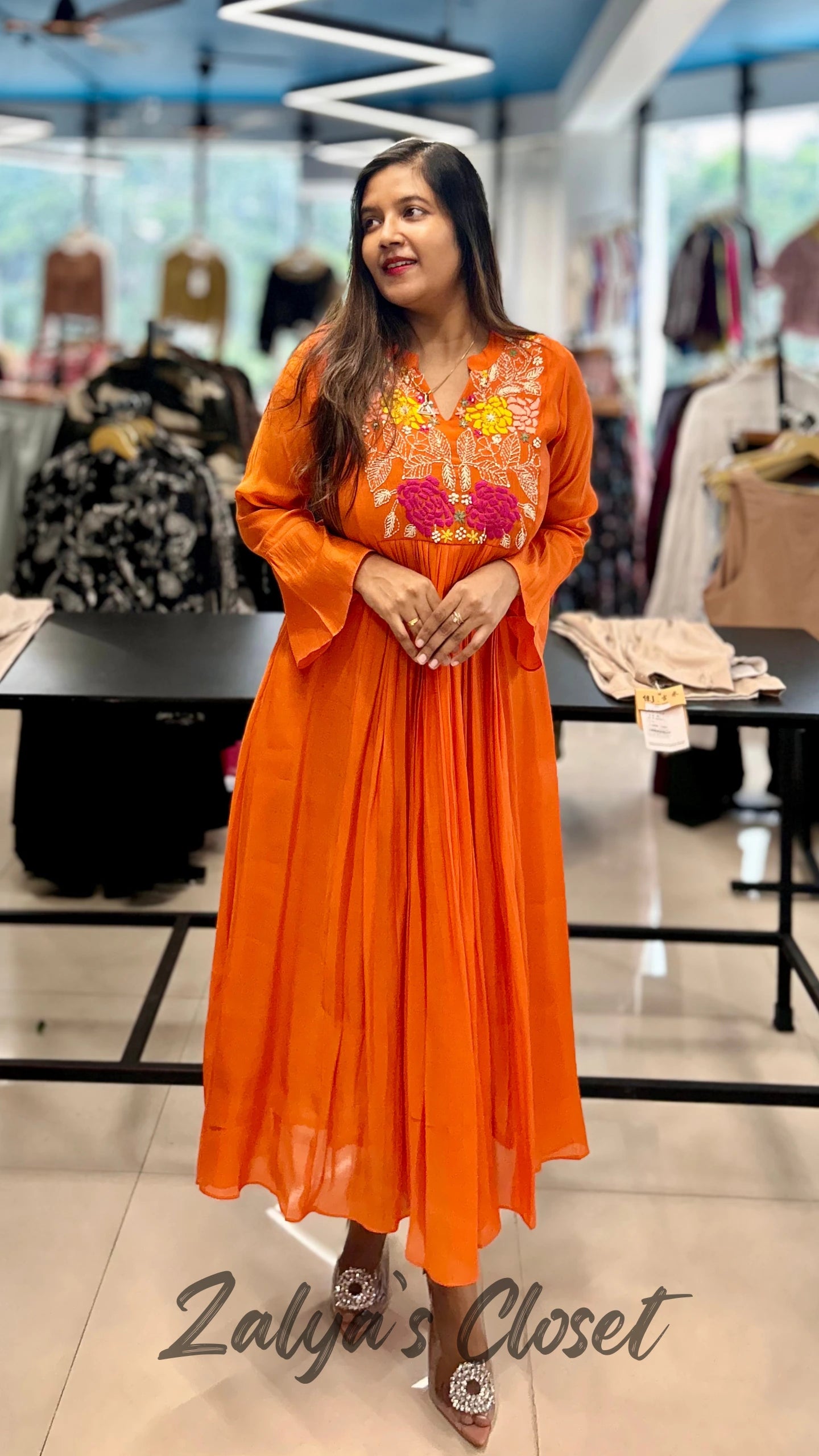 Mul Chanderi Embroidered Orange Dress