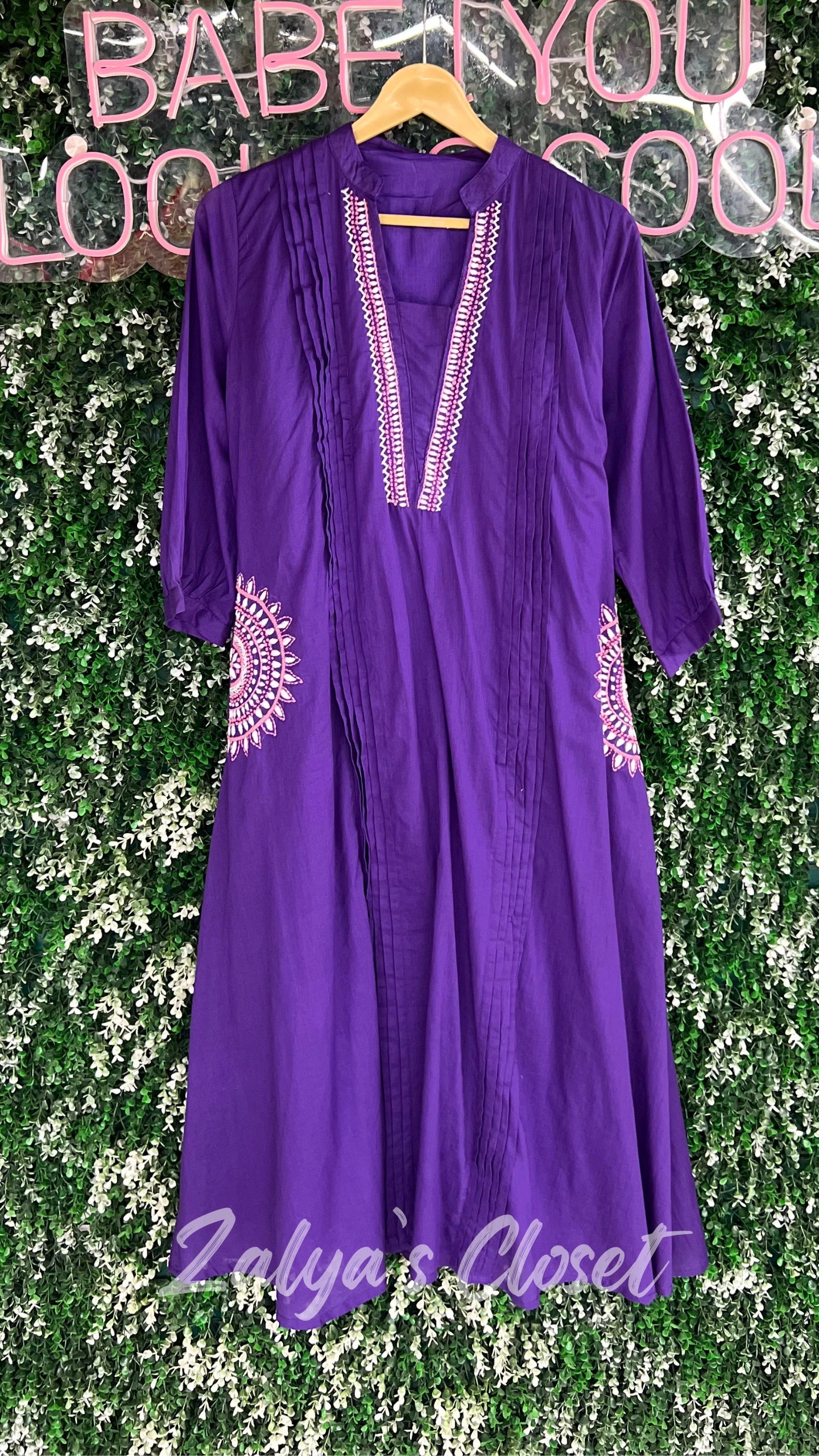 Mul Cotton Violet Dress With Work
