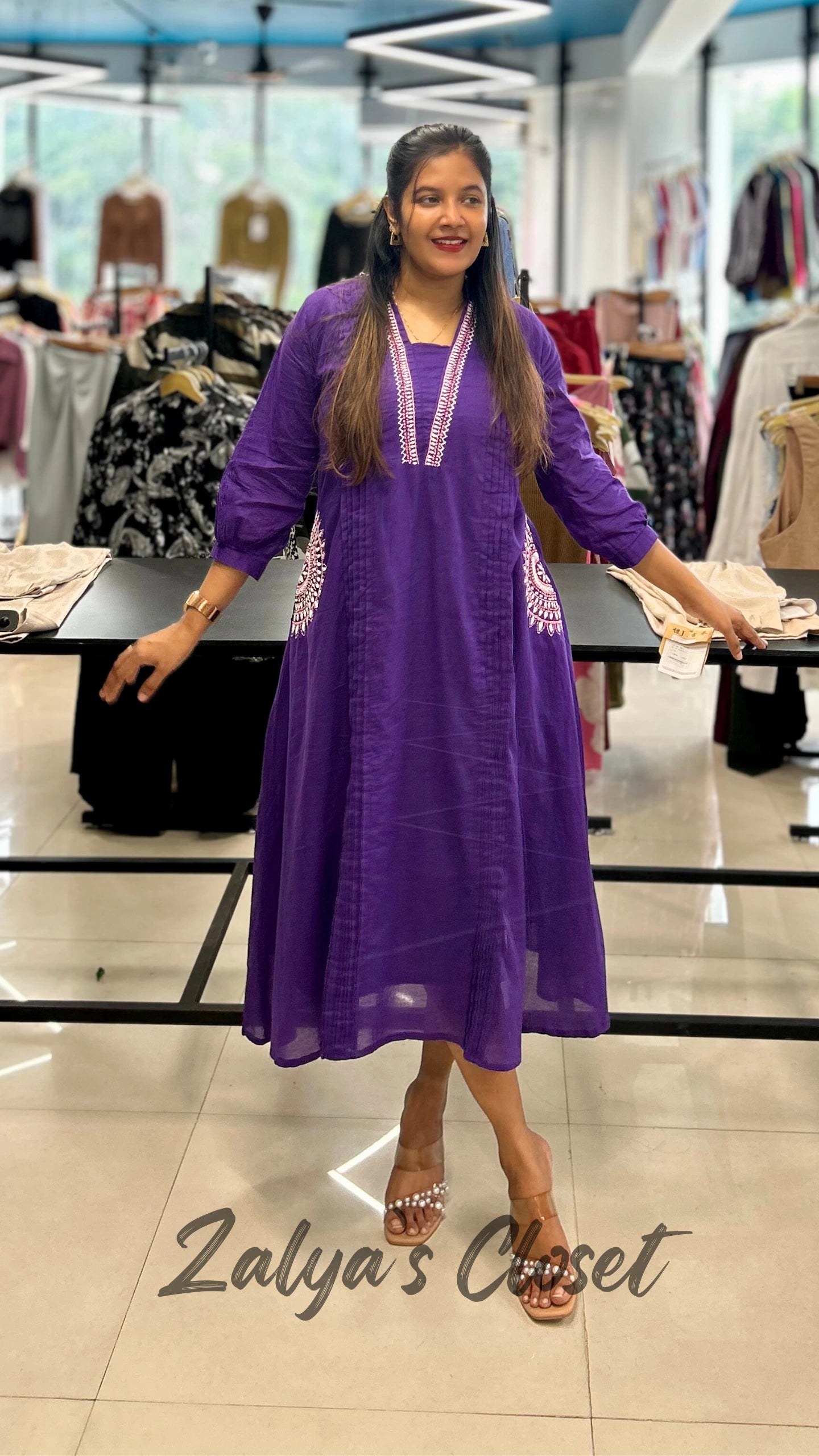 Mul Cotton Violet Dress With Work
