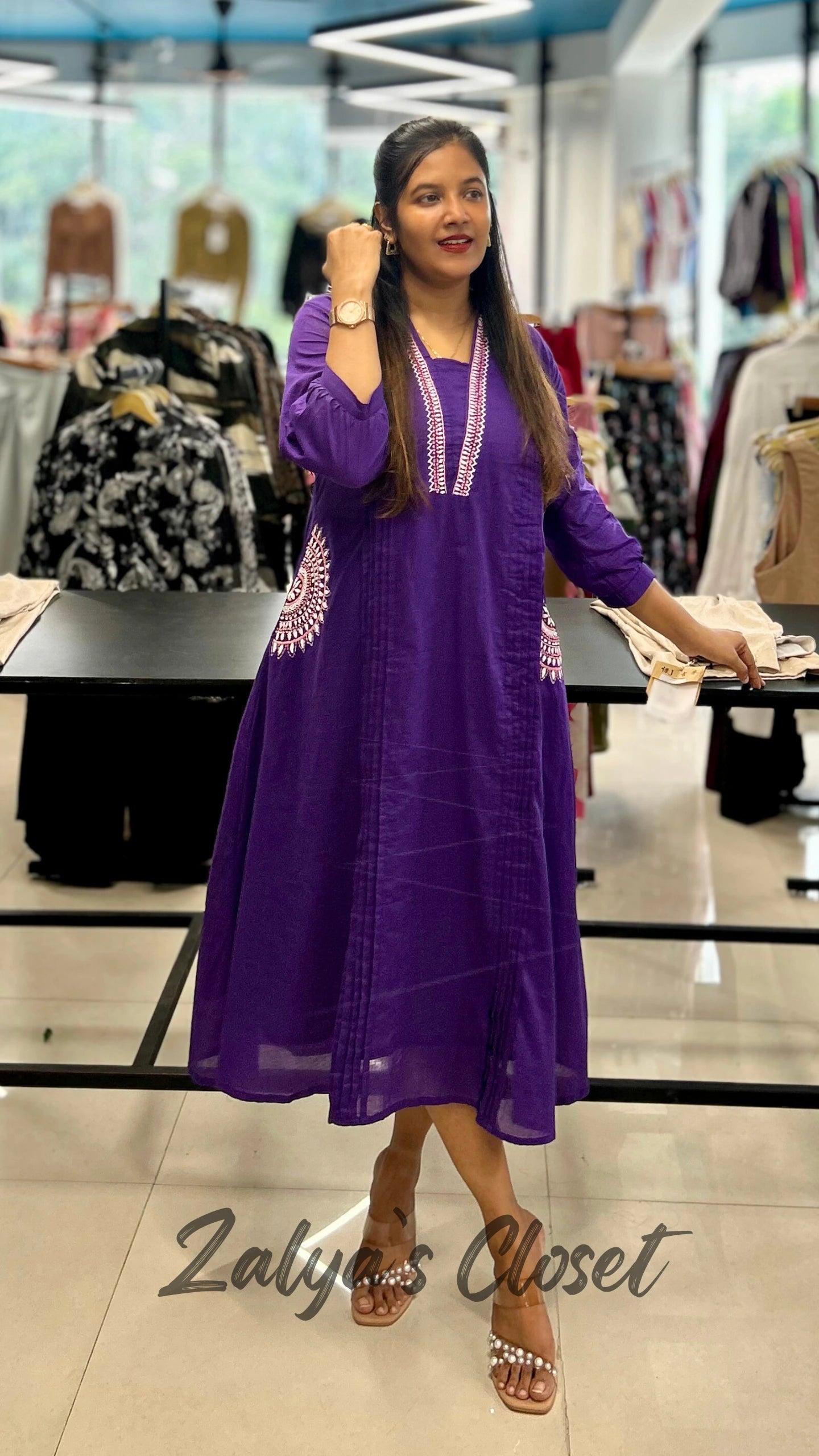 Mul Cotton Violet Dress With Work