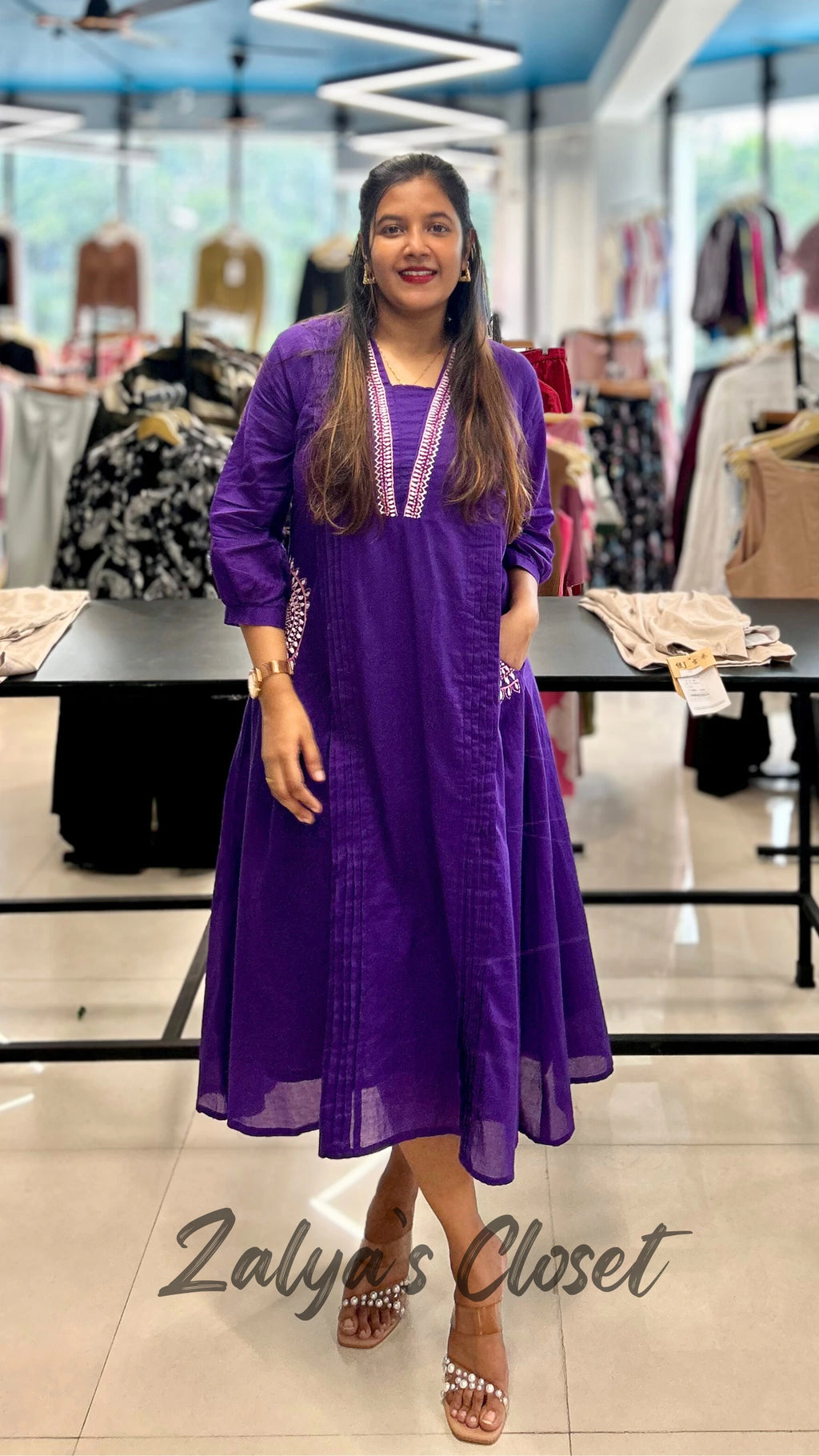 Mul Cotton Violet Dress With Work