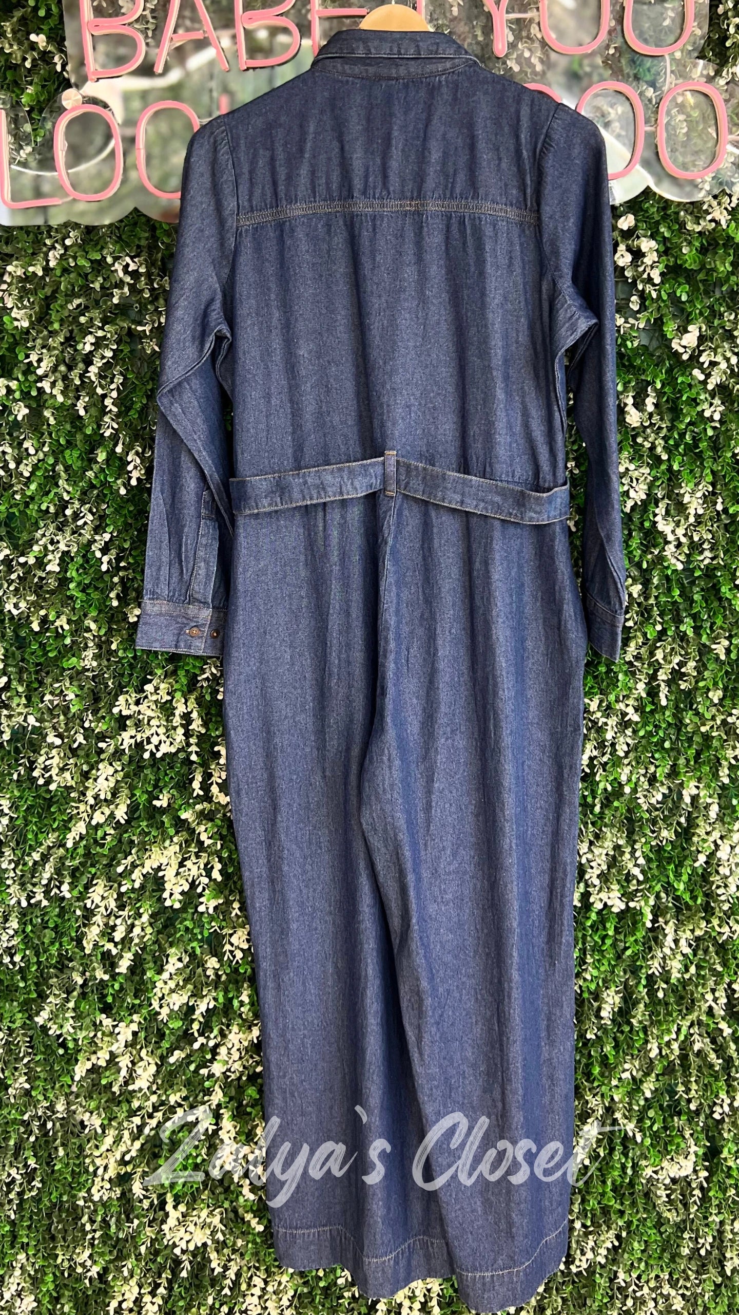 Navv blue front zip detail denim jumpsuit