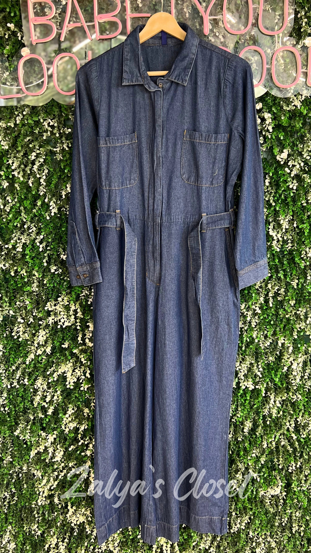 Navv blue front zip detail denim jumpsuit