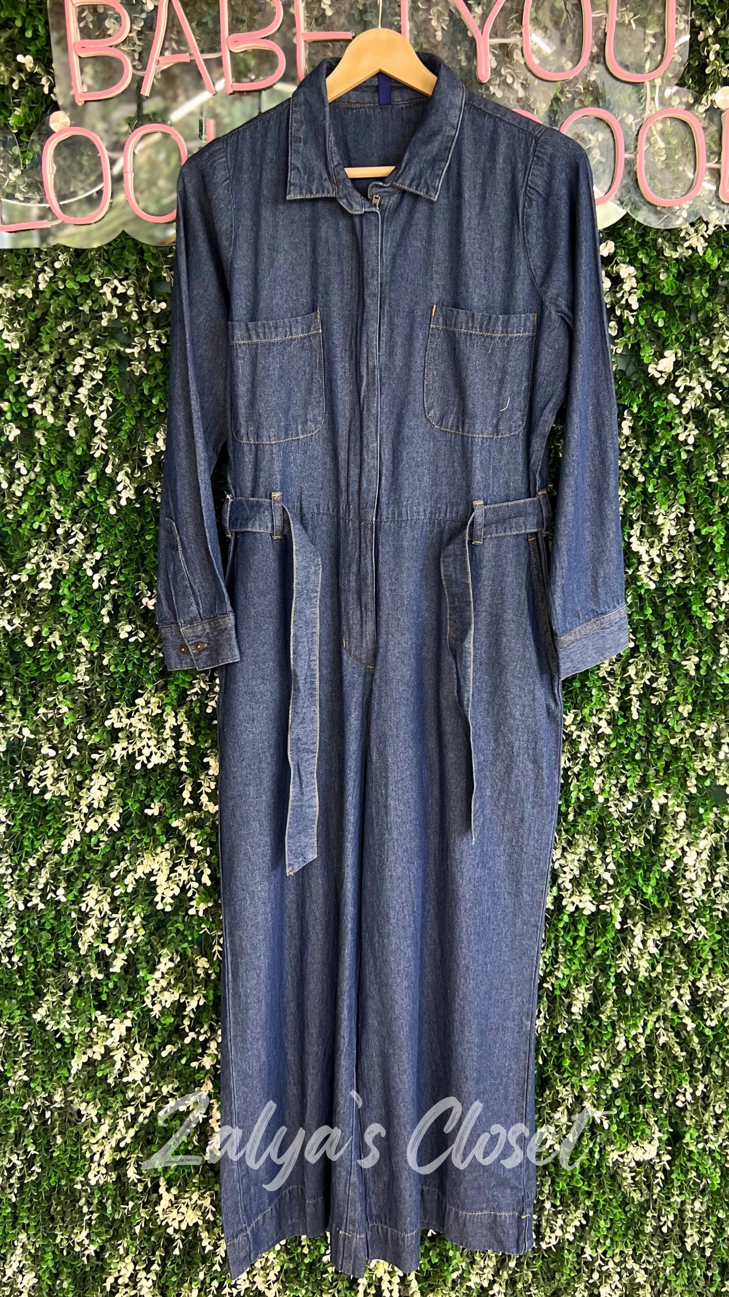 Navv blue front zip detail denim jumpsuit