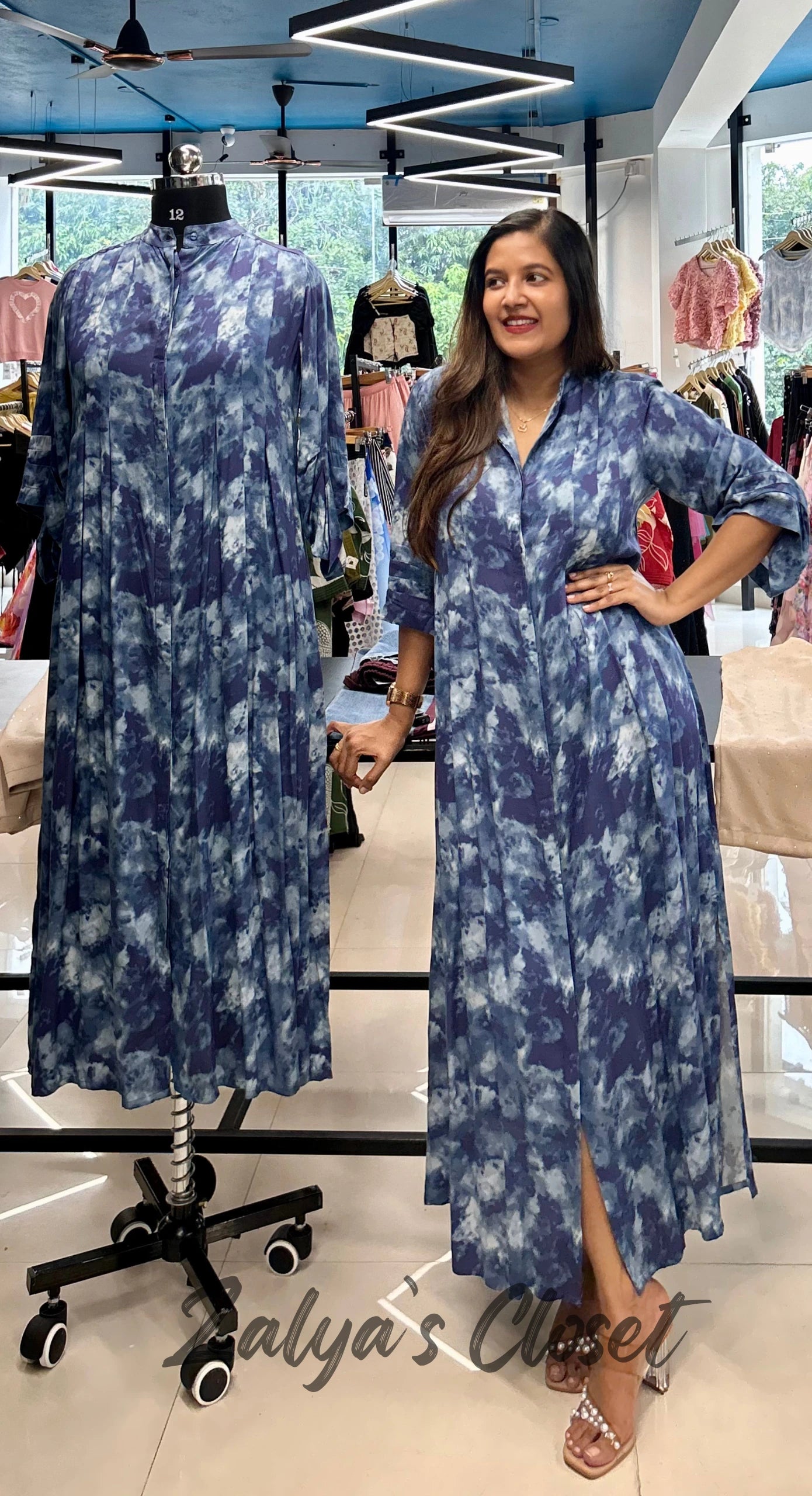 Navy Abstract Print Button Down Dress