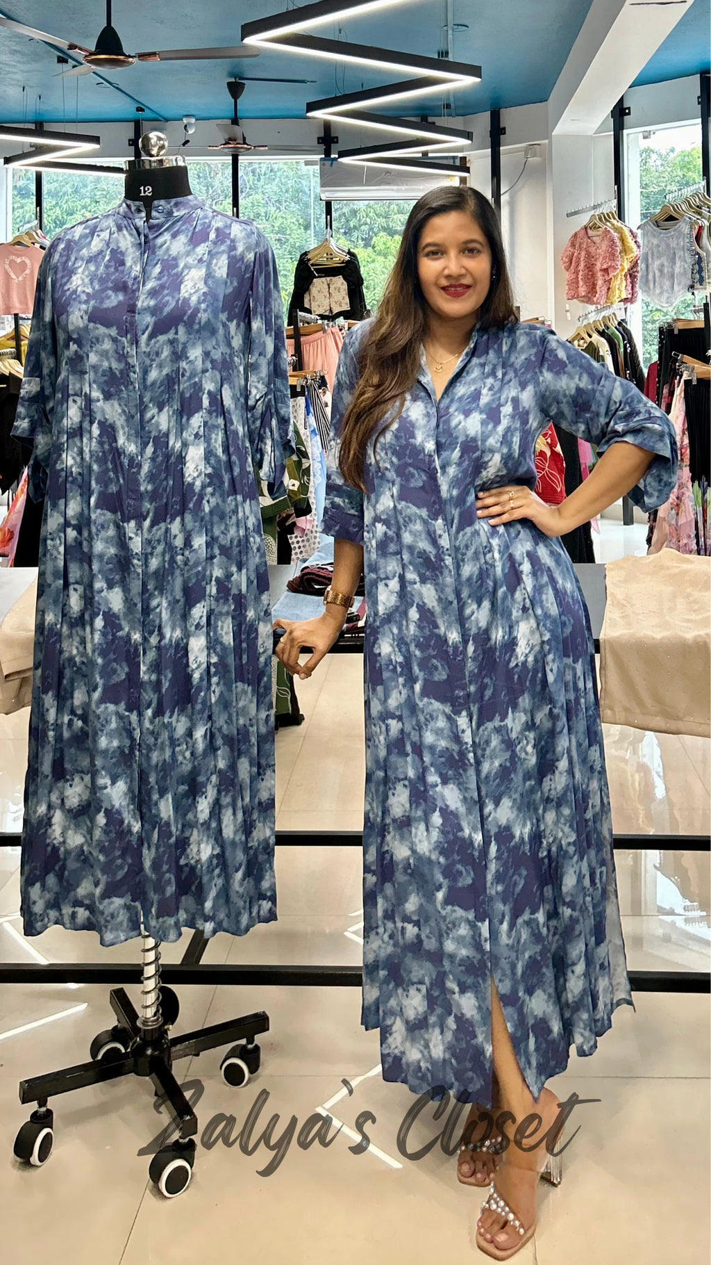 Navy Abstract Print Button Down Dress