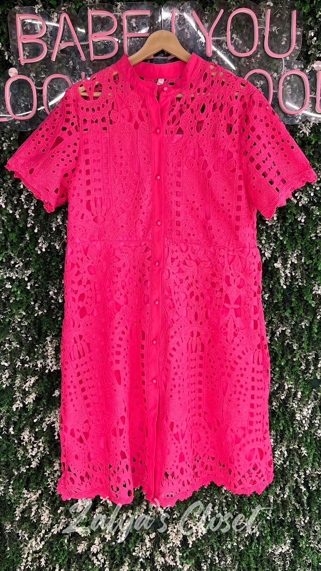 Pink Imported Lace Dress With Belt