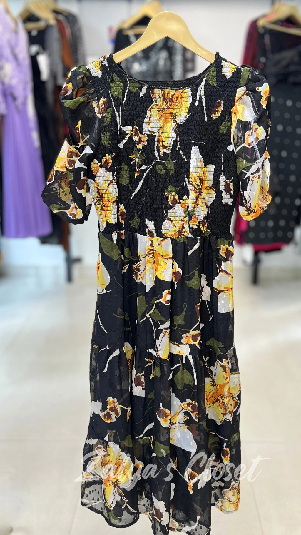 Printed Puff Sleeves Dress With Belt