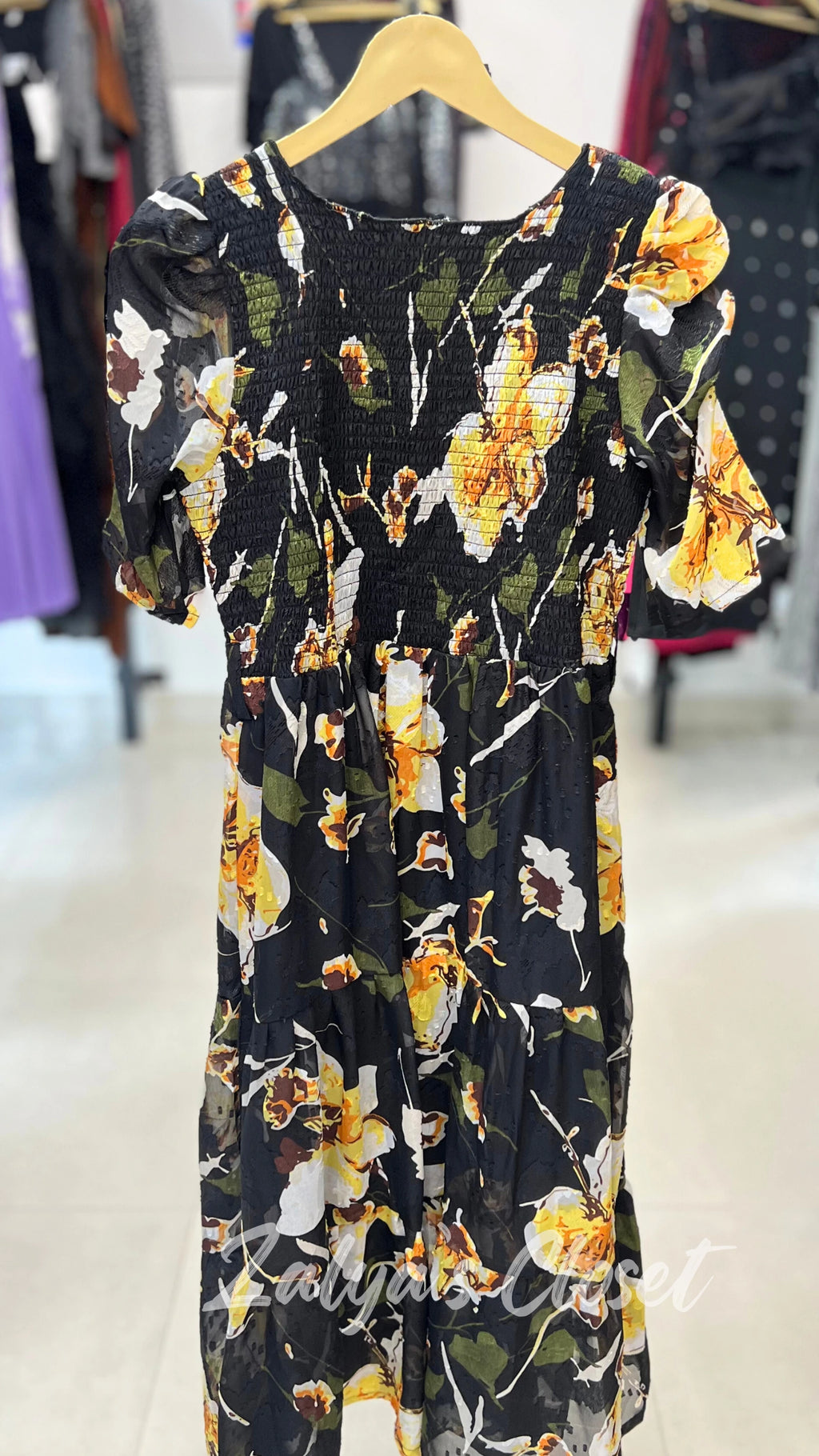 Printed Puff Sleeves Dress With Belt