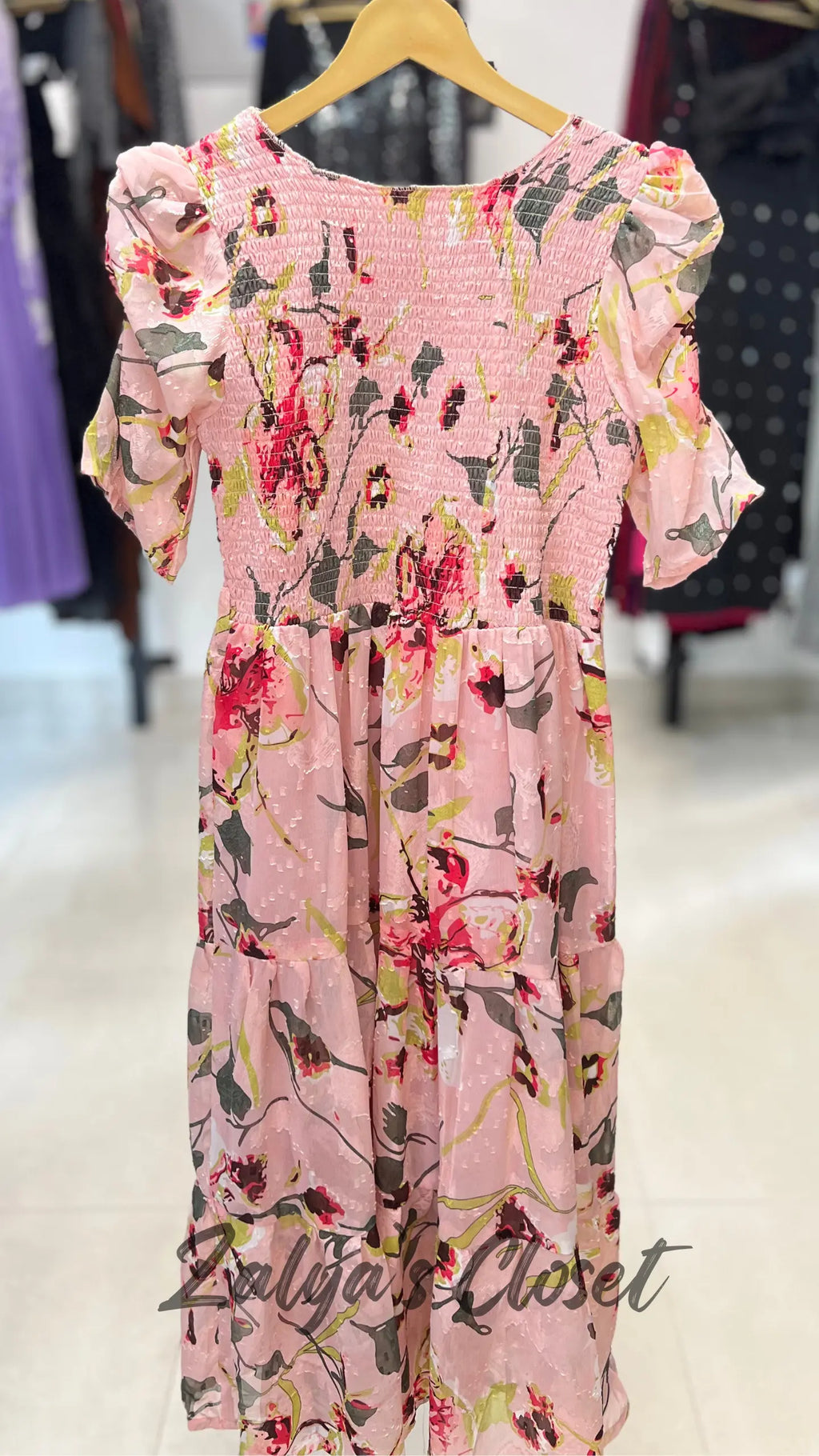 Printed Puff Sleeves Dress With Belt