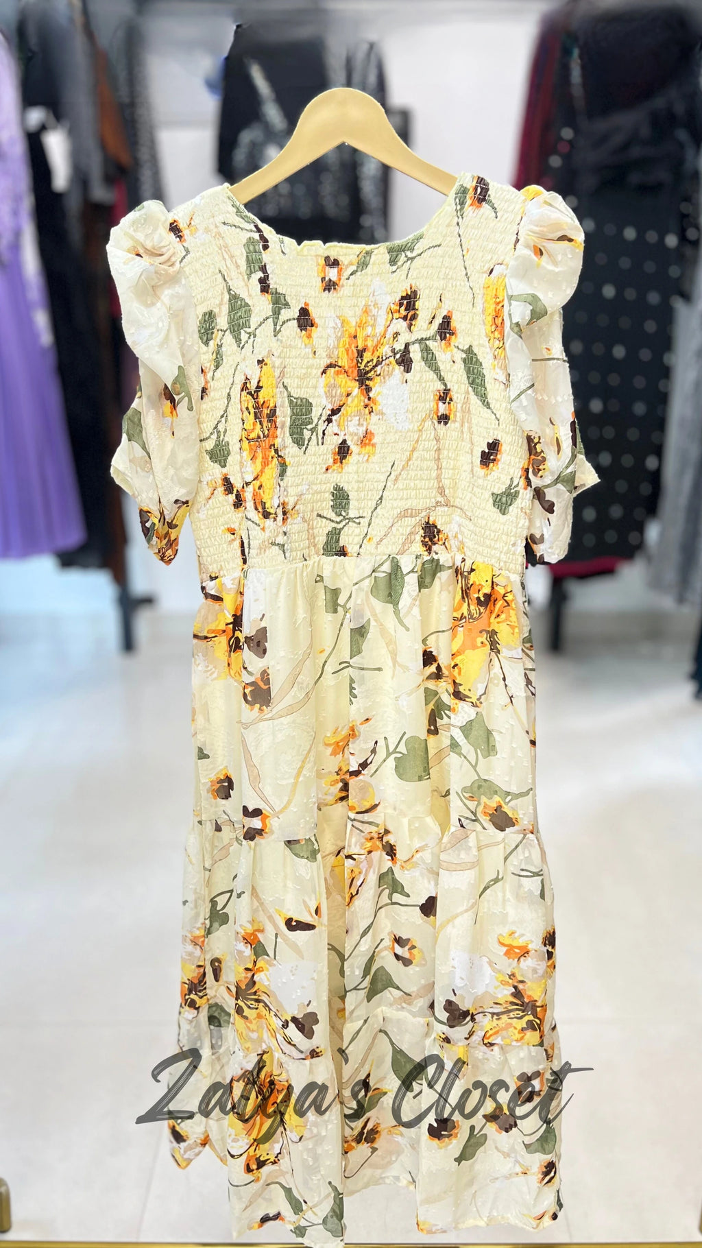 Printed Puff Sleeves Dress With Belt