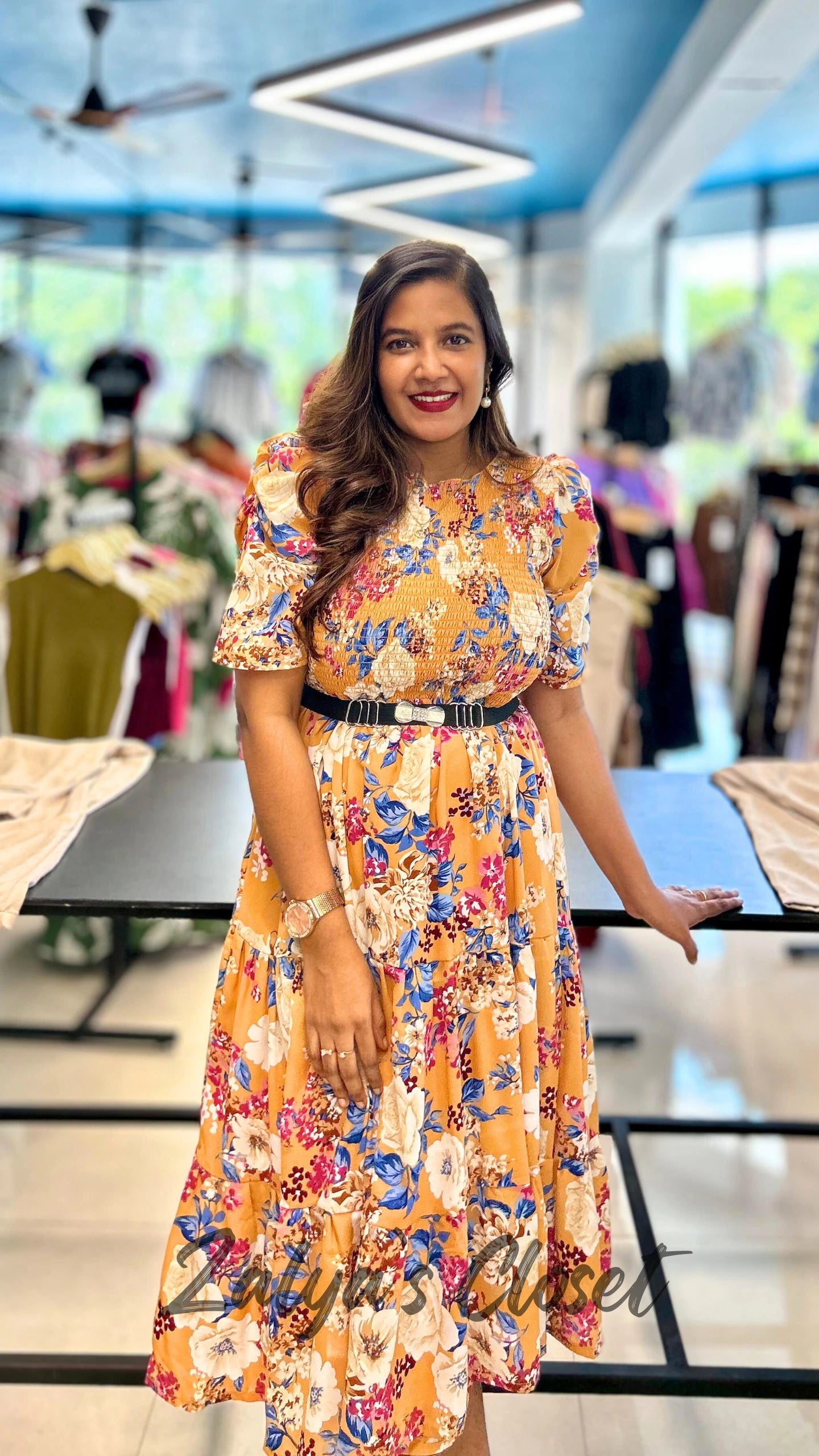 Printed Puff Sleeves Dress with the Belt