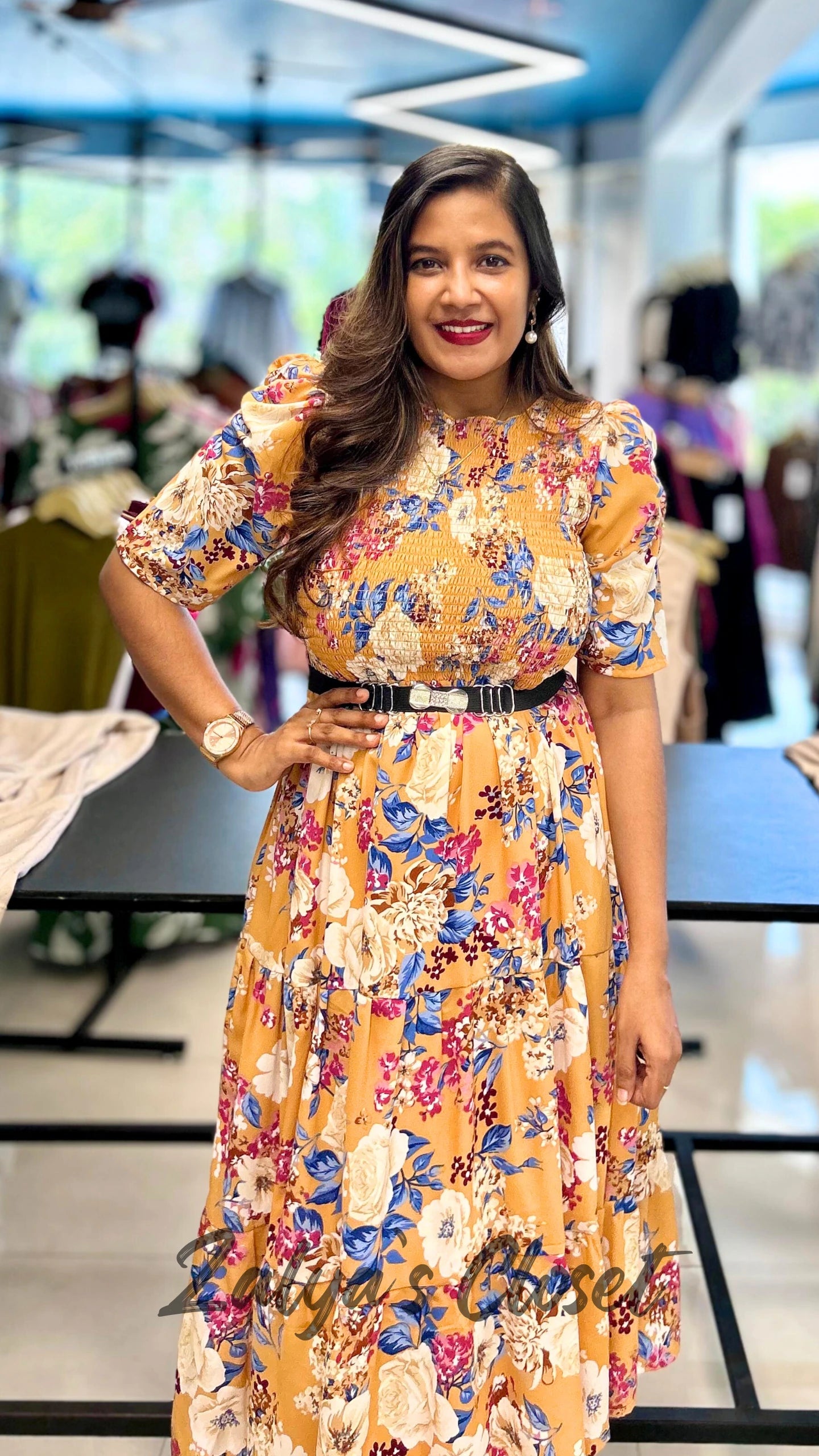 Printed Puff Sleeves Dress with the Belt