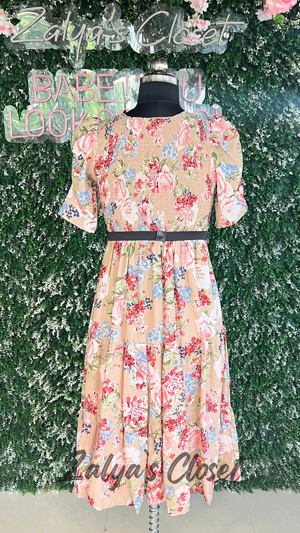 Printed Puff Sleeves Dress with the Belt