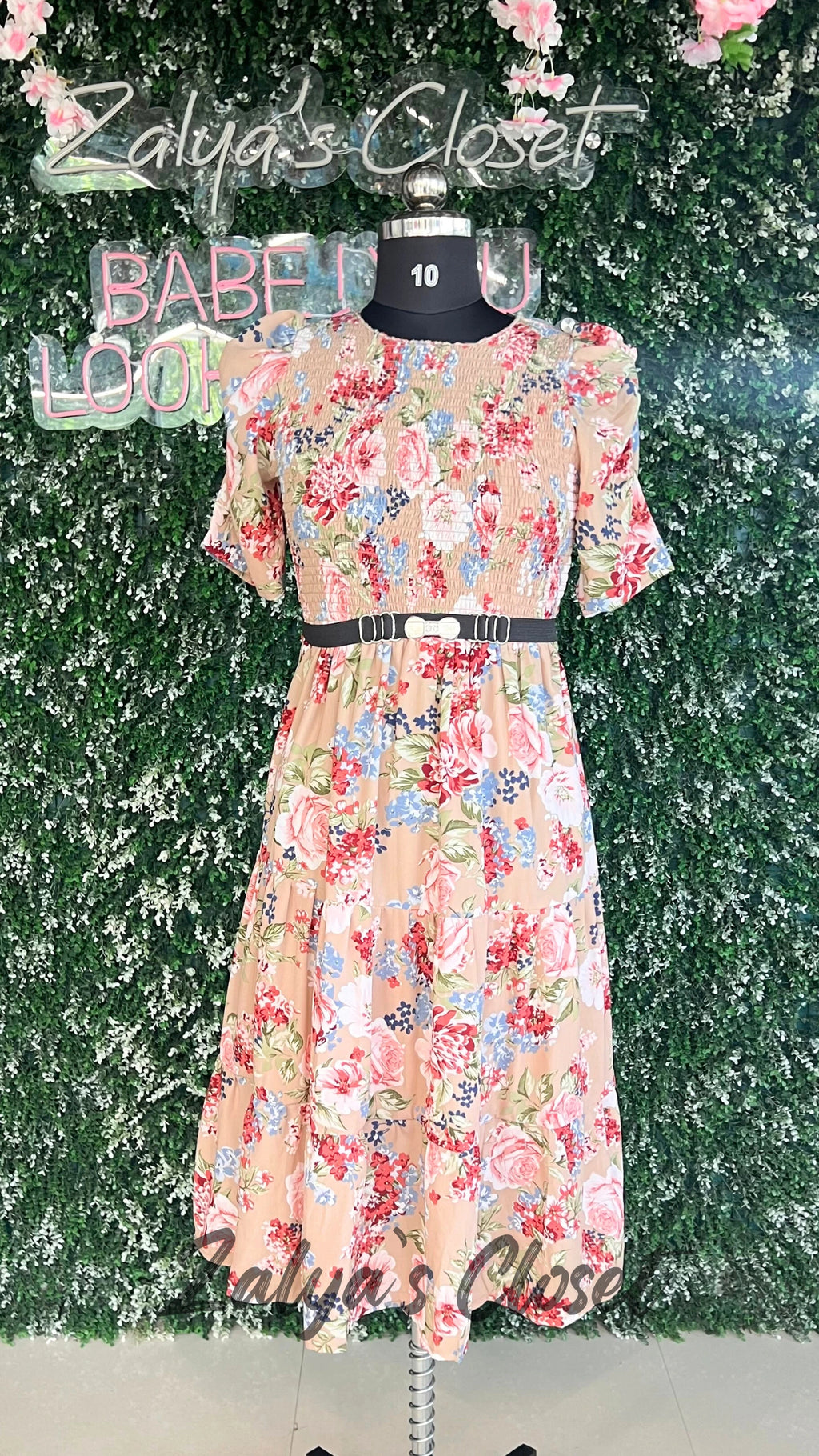 Printed Puff Sleeves Dress with the Belt
