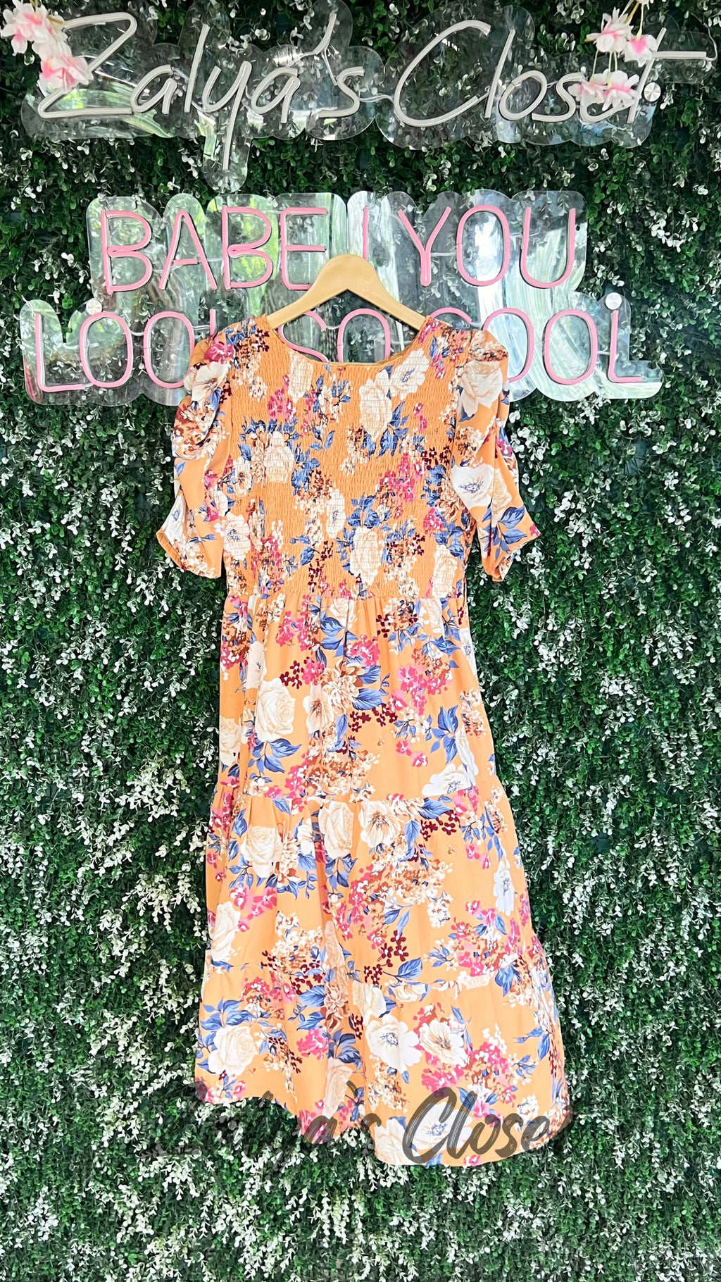 Printed Puff Sleeves Dress with the Belt