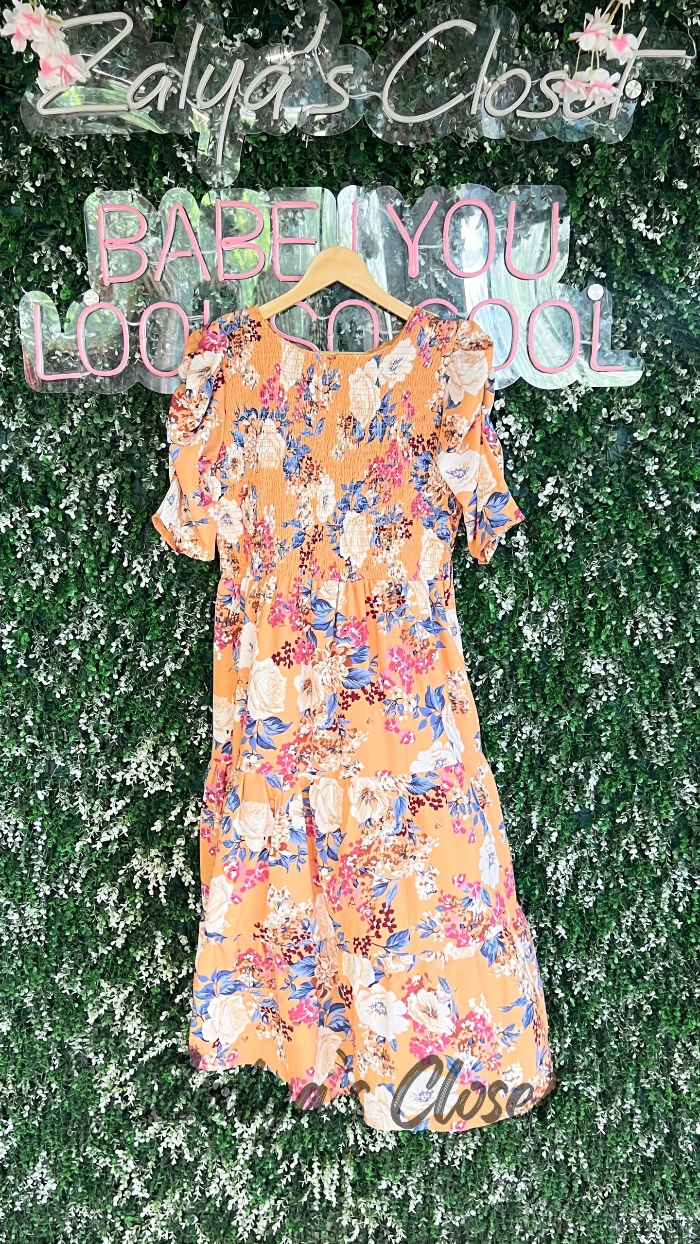 Printed Puff Sleeves Dress with the Belt