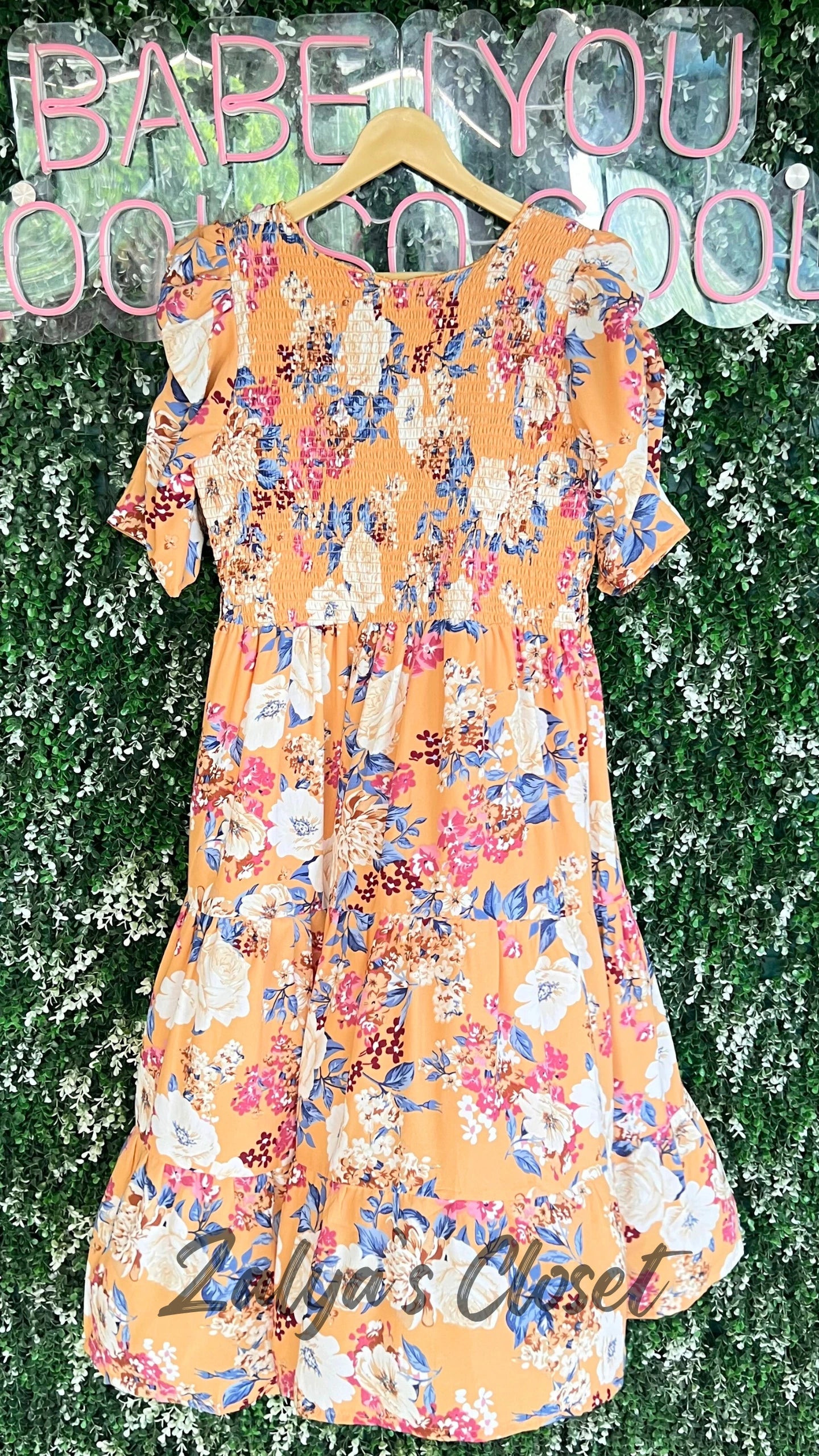 Printed Puff Sleeves Dress with the Belt