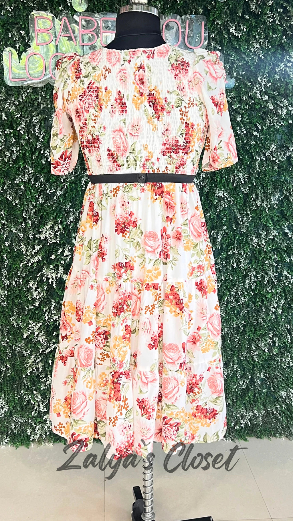 Printed Puff Sleeves Dress with the Belt