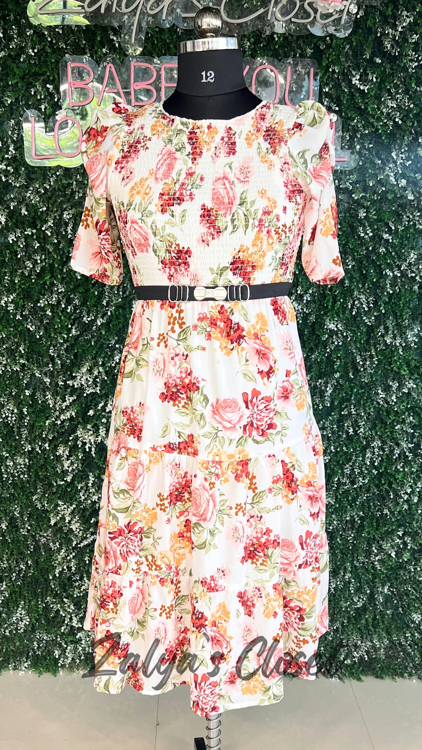 Printed Puff Sleeves Dress with the Belt