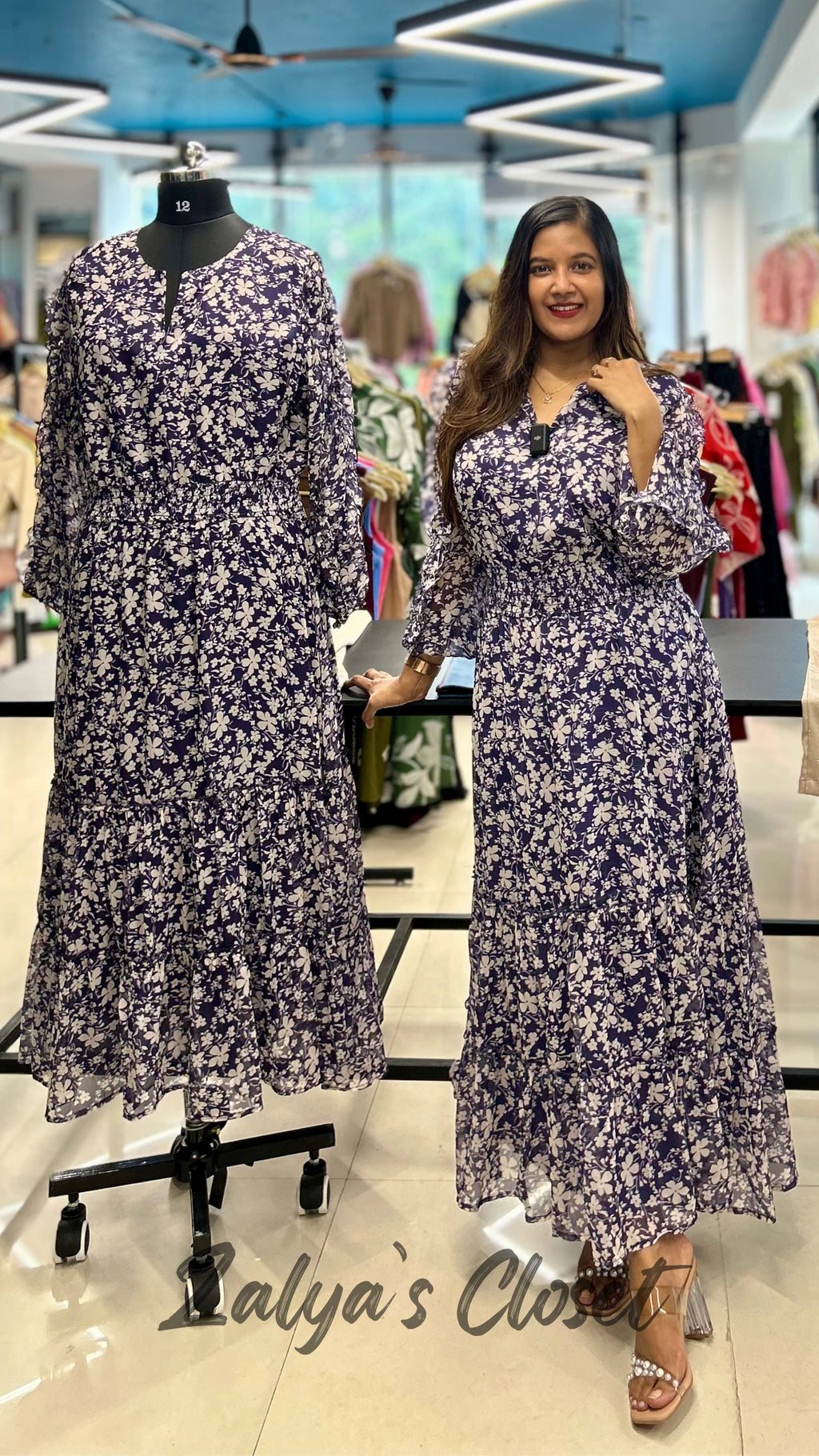 Purple Floral Print Ruffle Detailed Dress