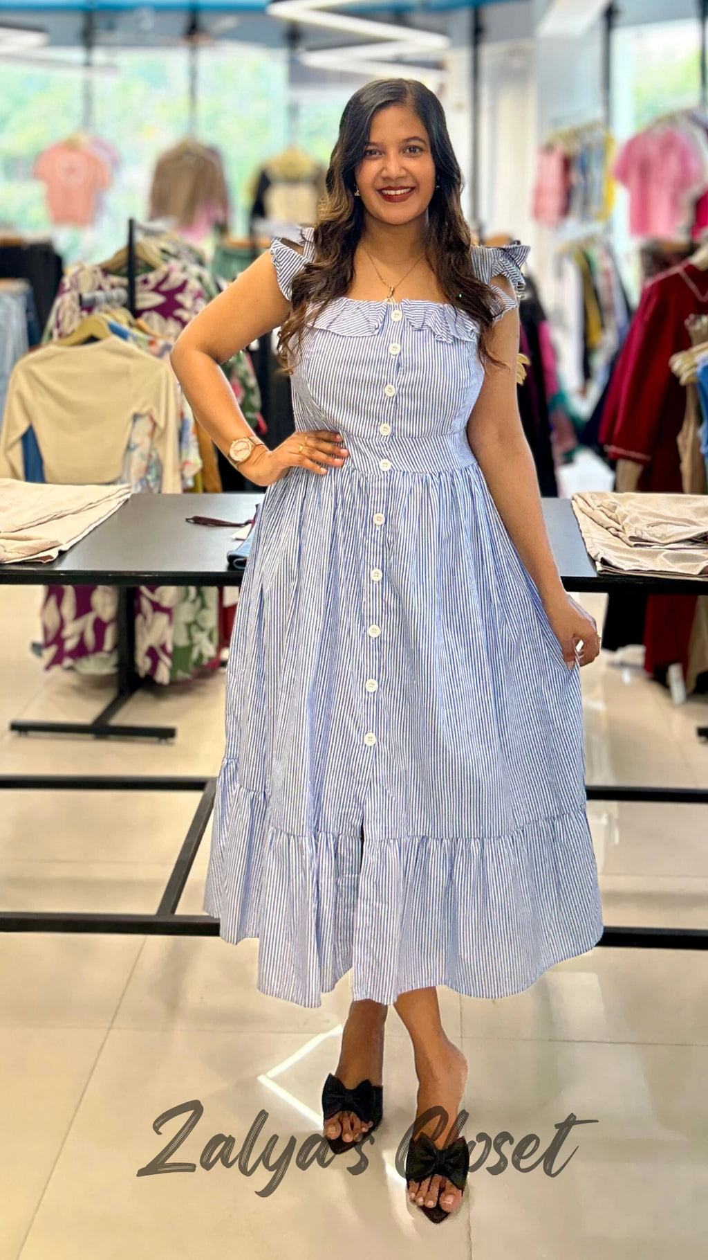 Ruffle Sleeve Vertical Striped Dress