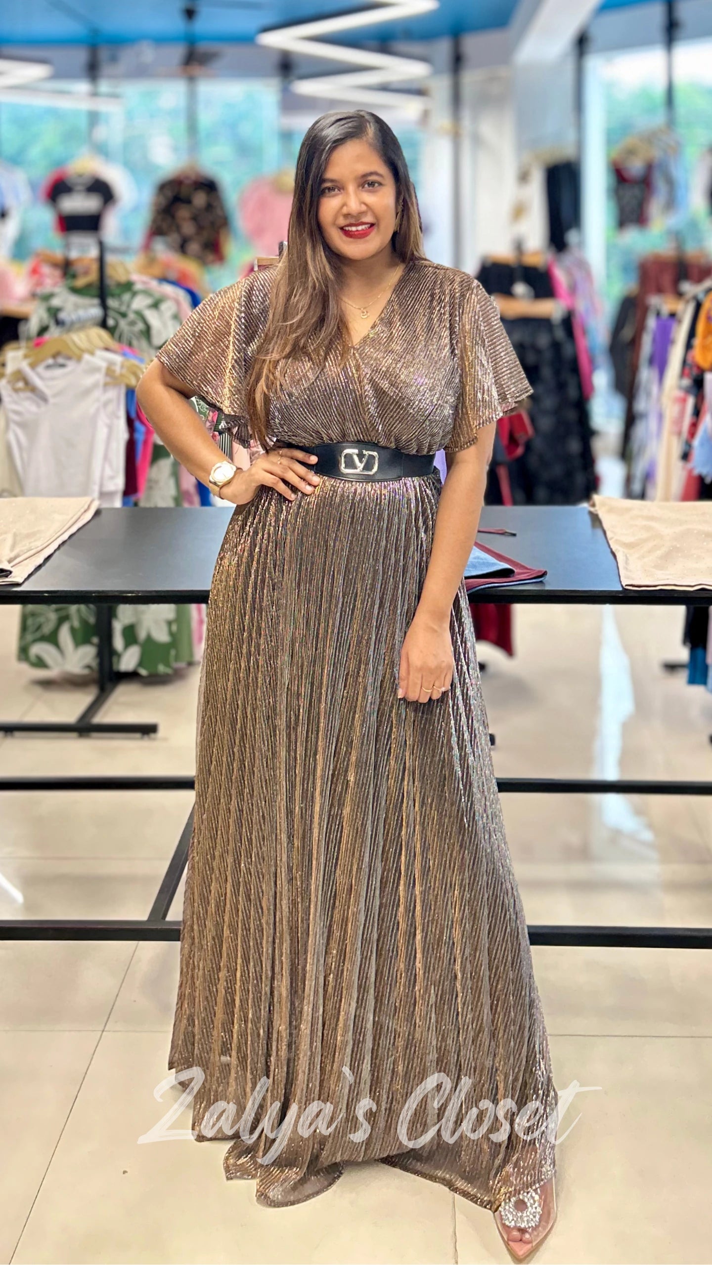 Ruffle Sleeves Long Party Wear Gown with Belt