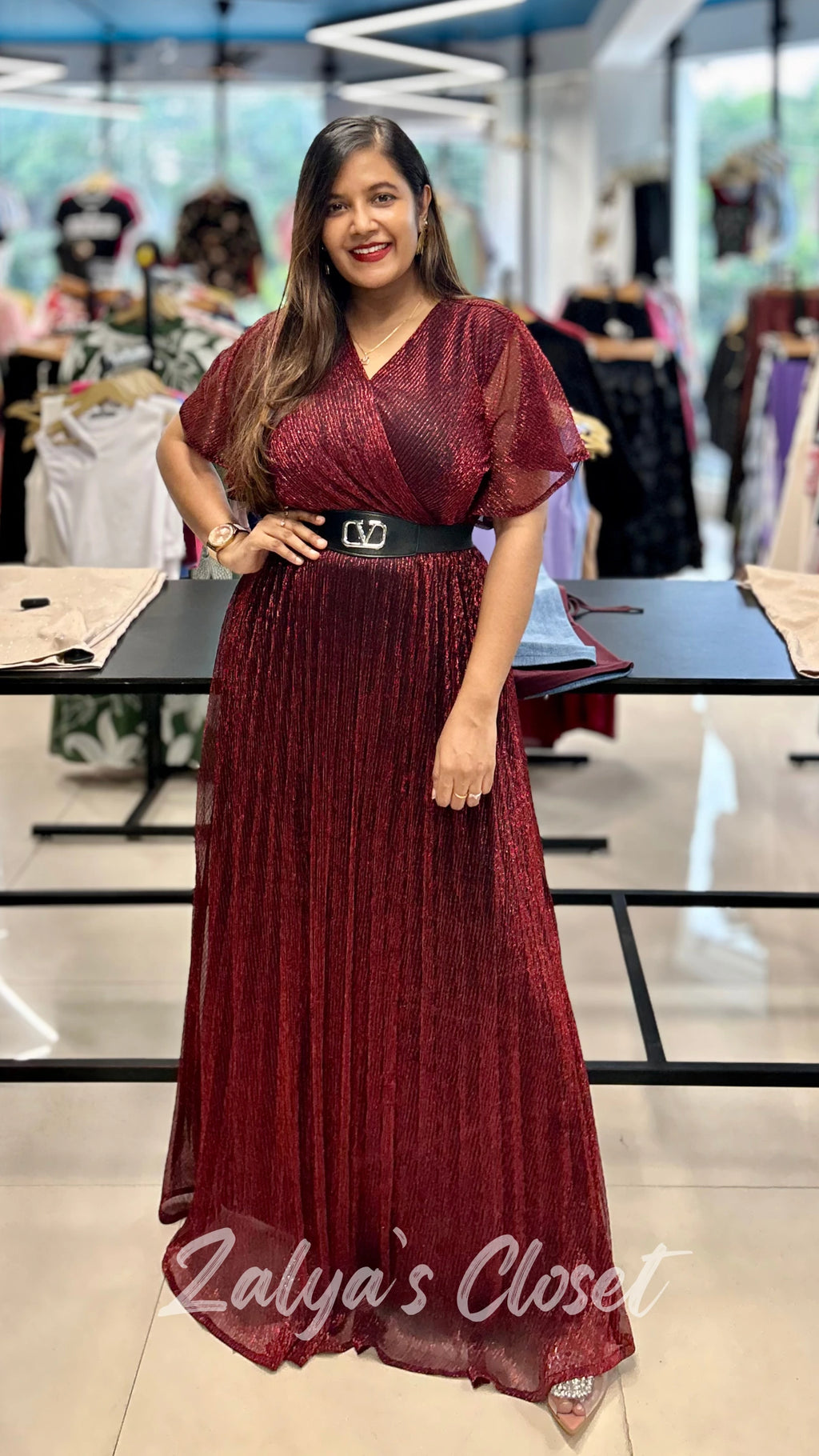 Ruffle Sleeves Long Party Wear Gown with Belt