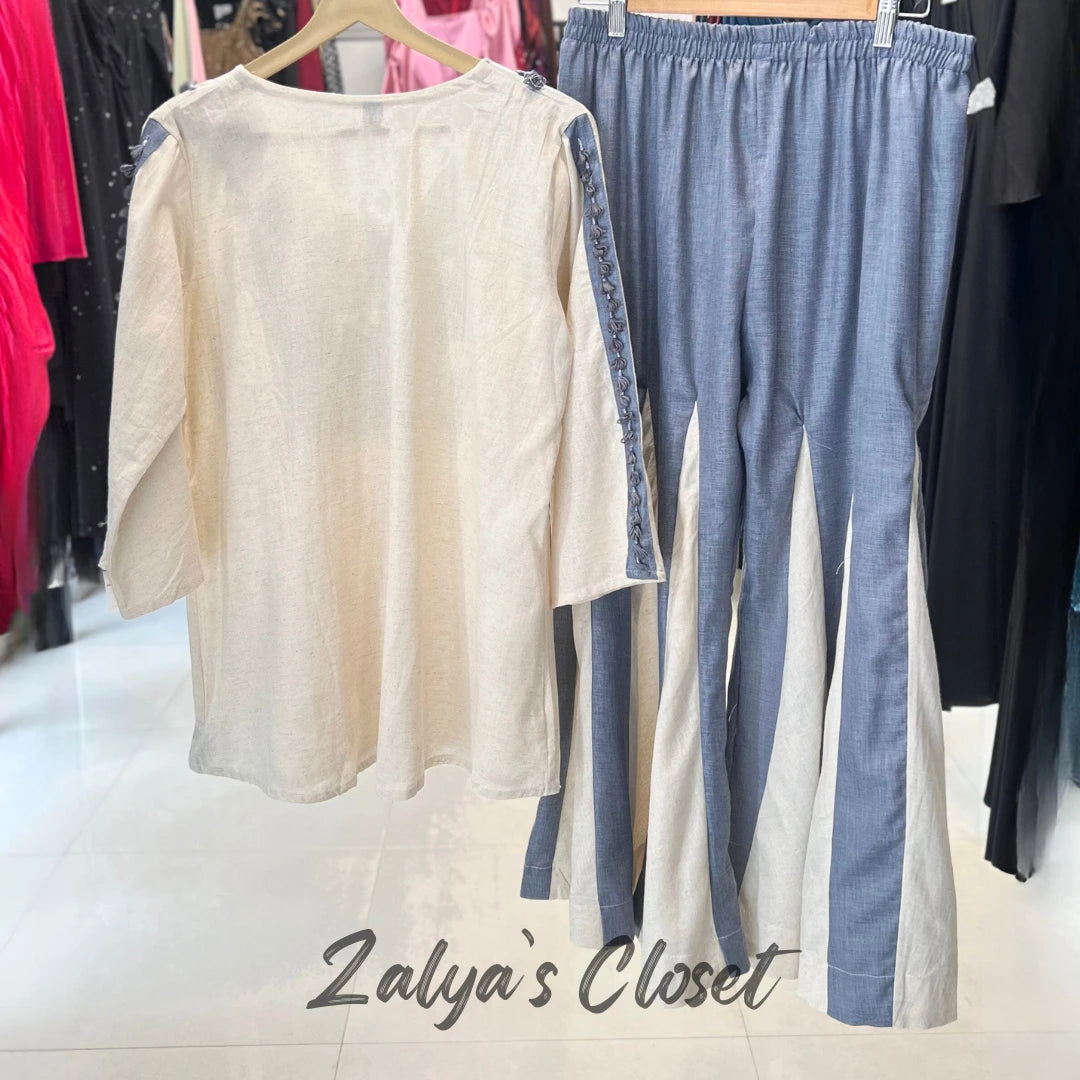 Soft Denim Indo Western Pant with Handwork top with slit