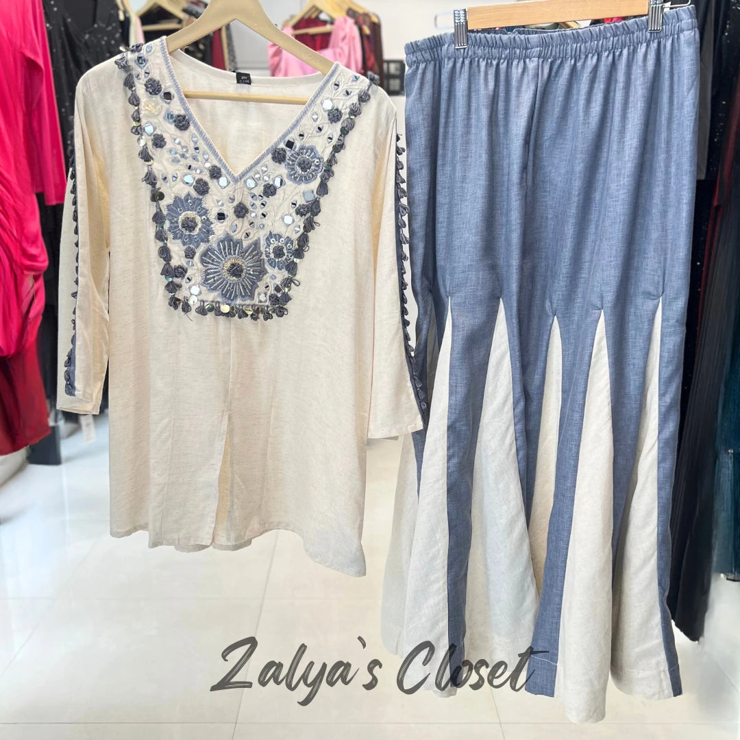 Soft Denim Indo Western Pant with Handwork top with slit