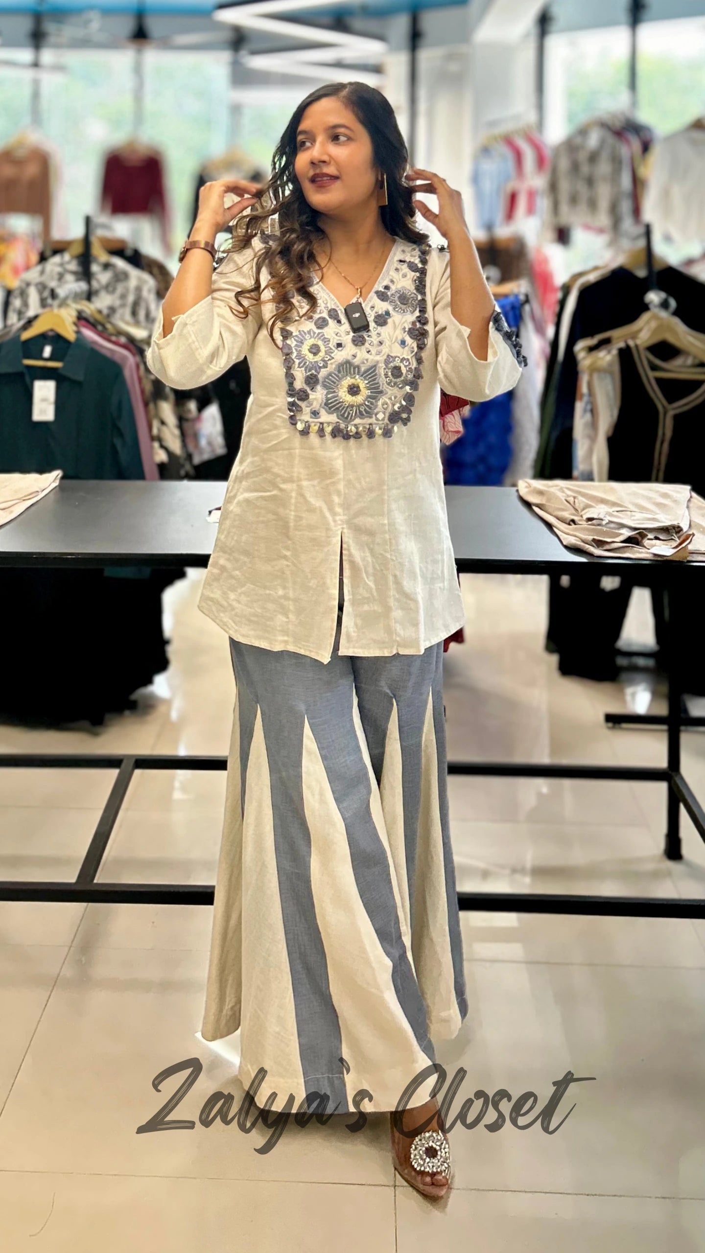Soft Denim Indo Western Pant with Handwork top with slit