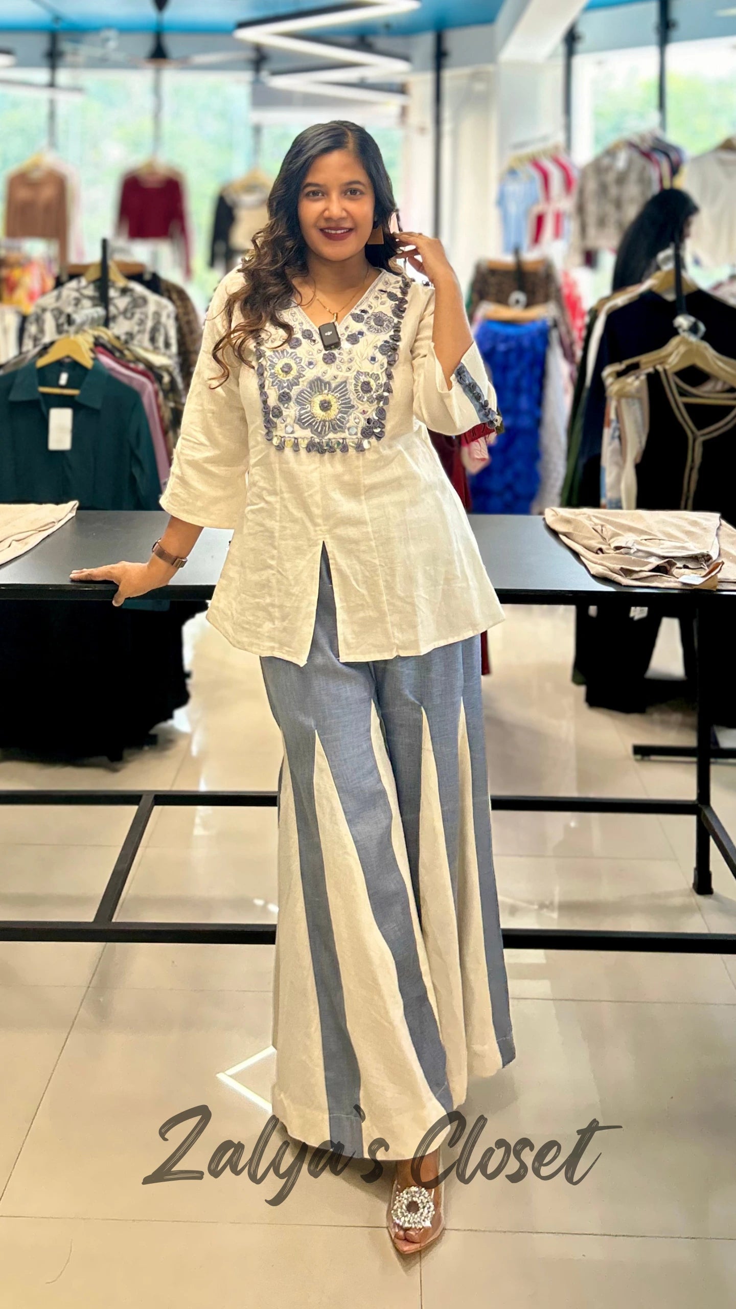 Soft Denim Indo Western Pant with Handwork top with slit