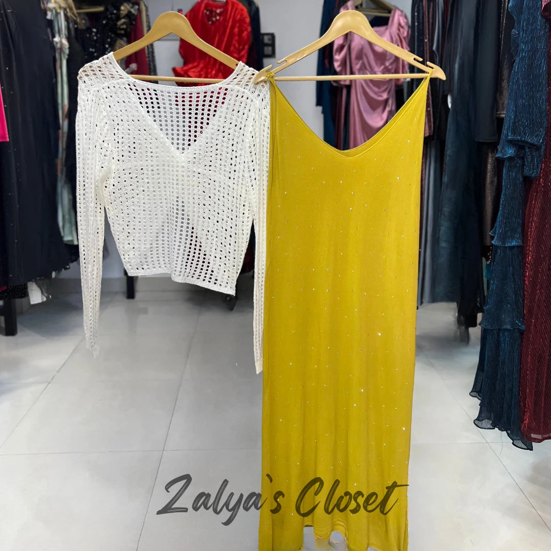 Stone Work Slip Dress with Crochet top