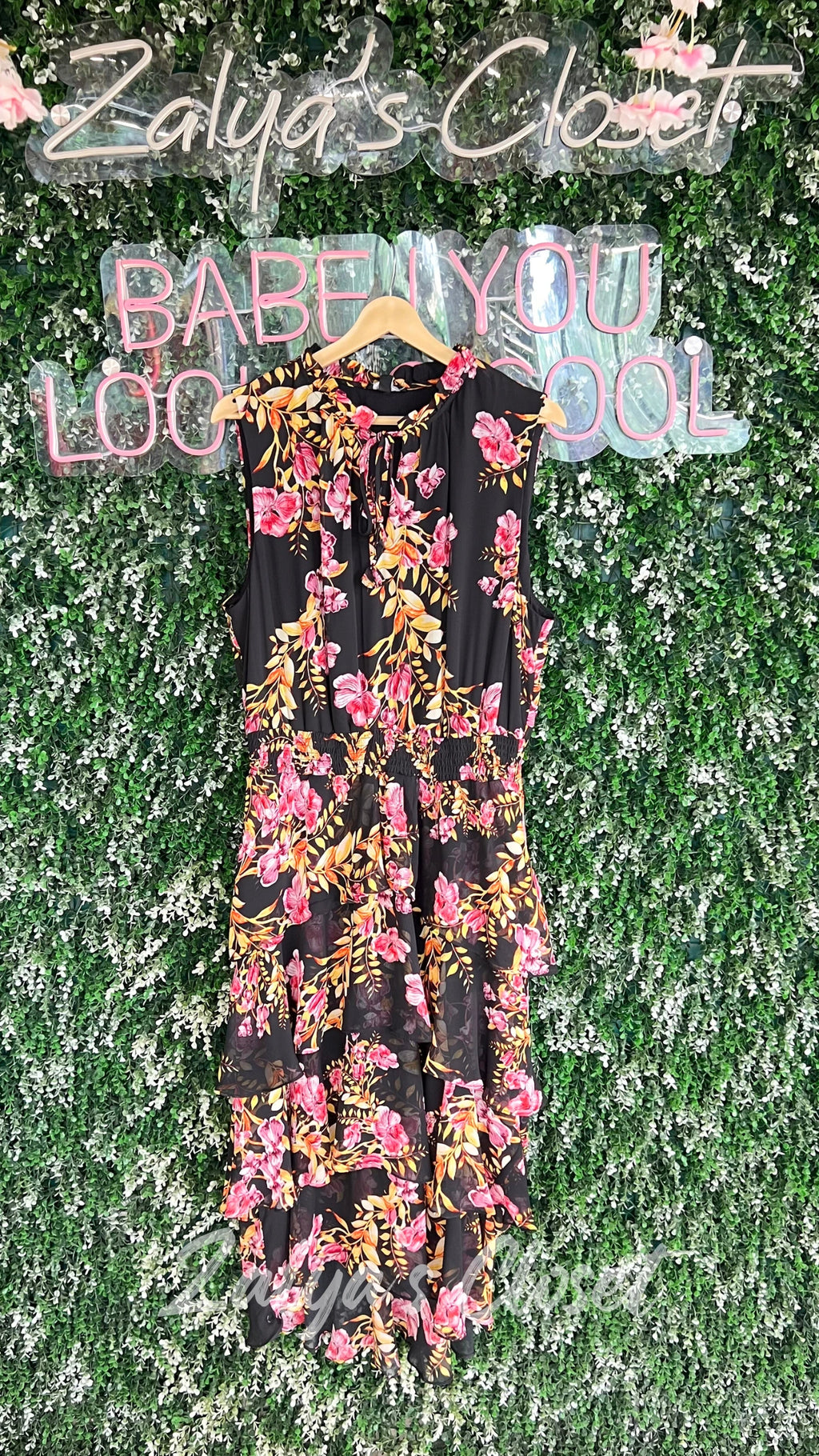 Tiered Georgette Black Floral Dress