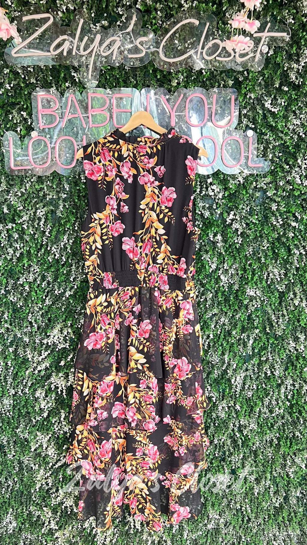 Tiered Georgette Black Floral Dress