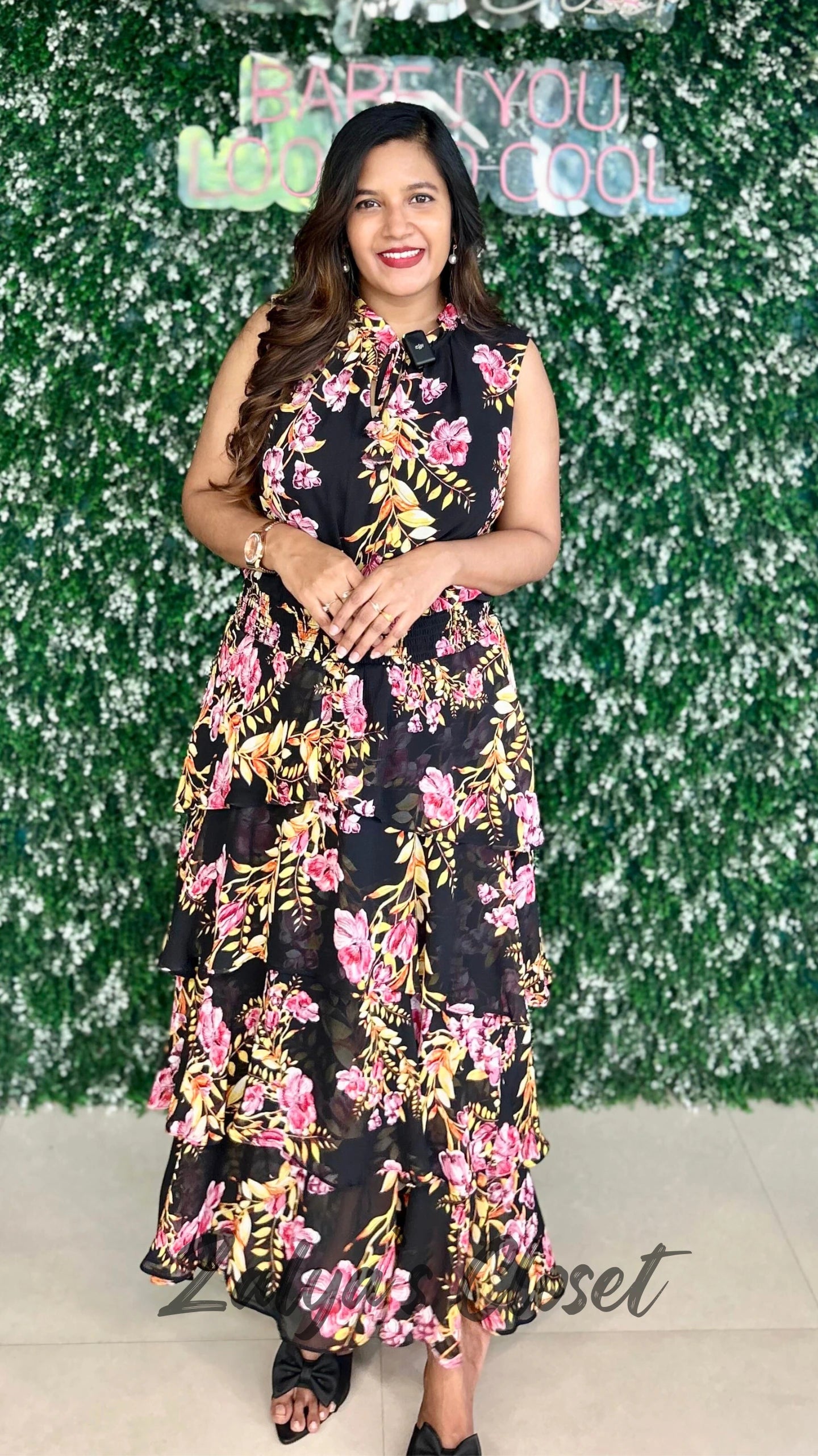 Tiered Georgette Black Floral Dress
