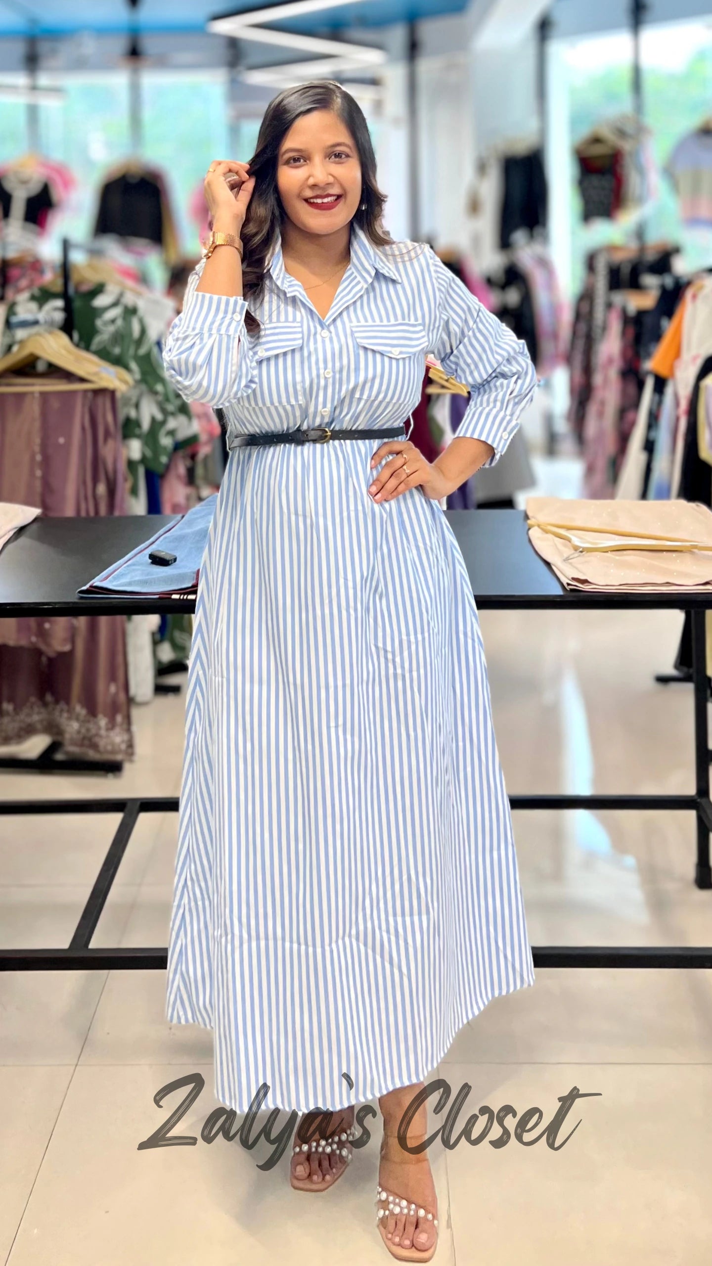 Vertical Striped Dress with Belt