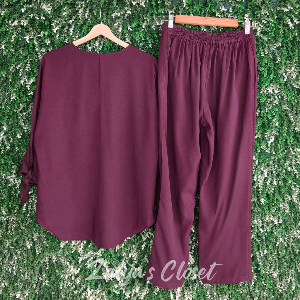 Wine V-neck Co-ord Set