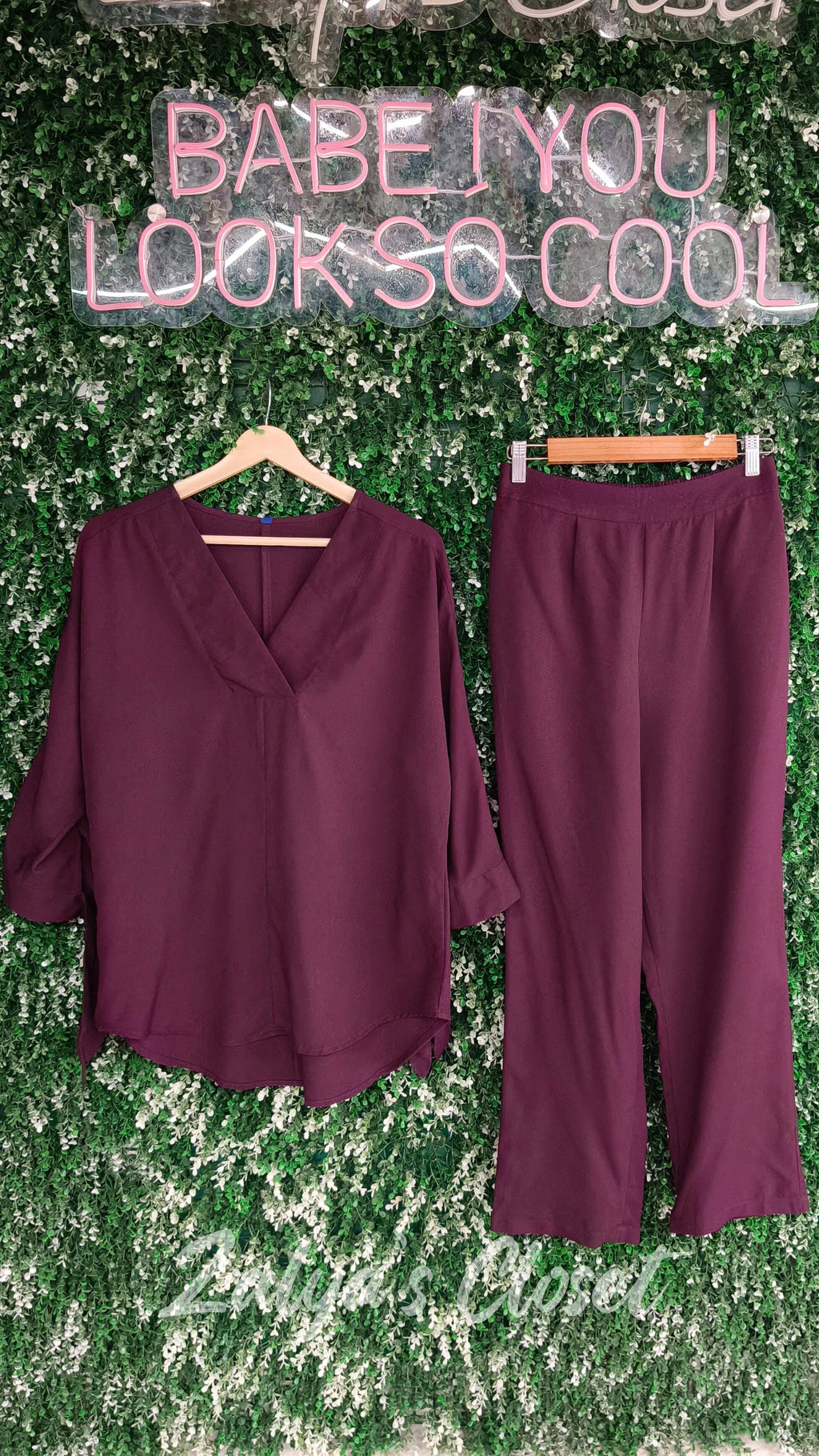 Wine V-neck Co-ord Set