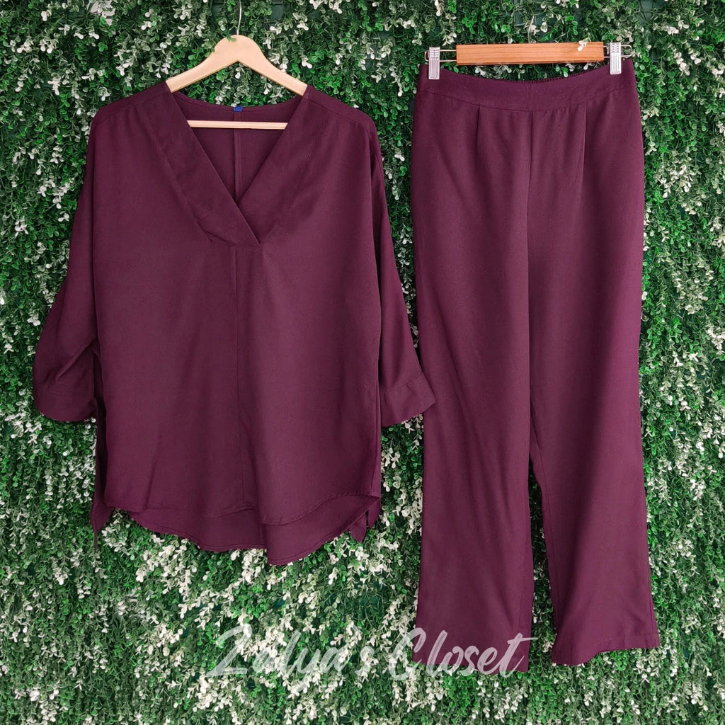 Wine V-neck Co-ord Set