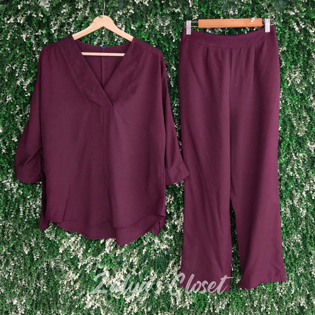 Wine V-neck Co-ord Set